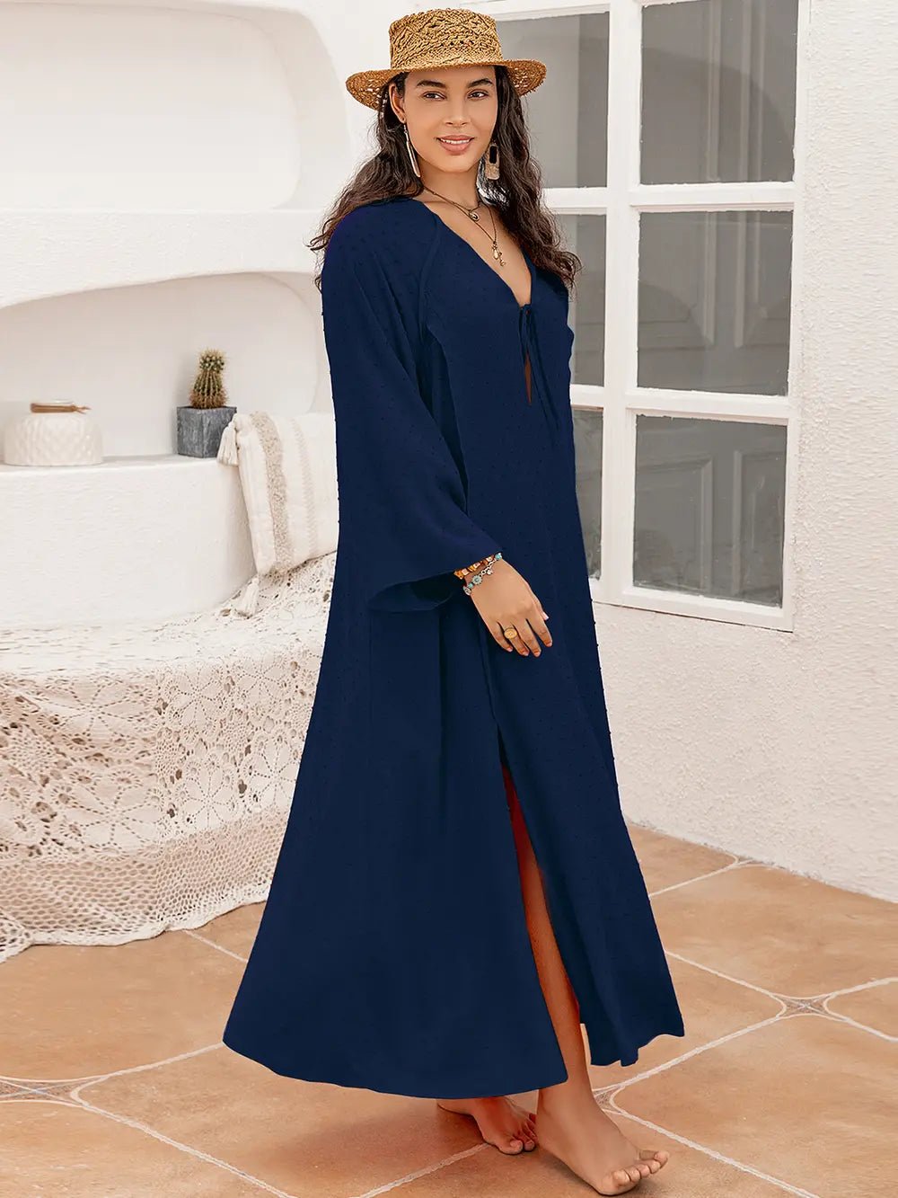 Plus Size Tie Neck Long Sleeve Slit Dress - MAD RUFFI