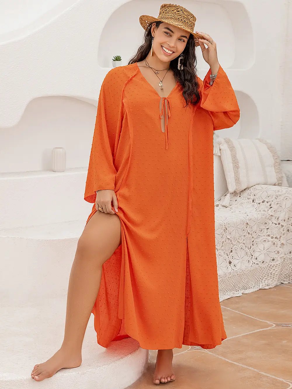 Plus Size Tie Neck Long Sleeve Slit Dress - MAD RUFFI