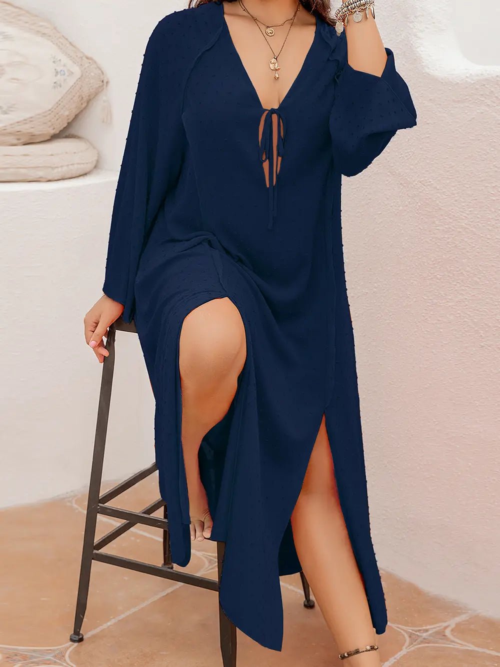 Plus Size Tie Neck Long Sleeve Slit Dress - MAD RUFFI
