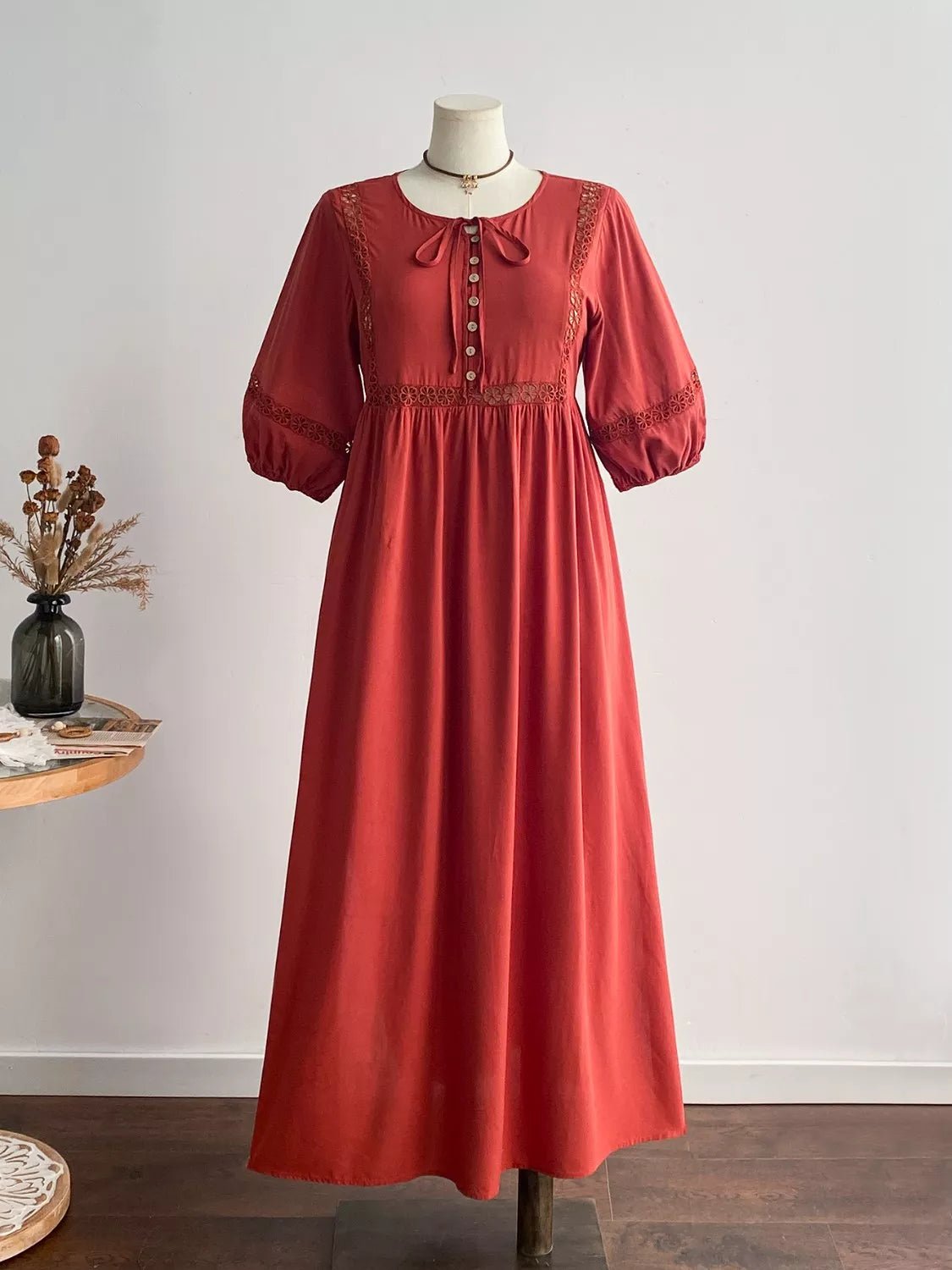 Plus Size Tie Neck Puff Sleeve Midi Dress with Lace Trim - MAD RUFFI