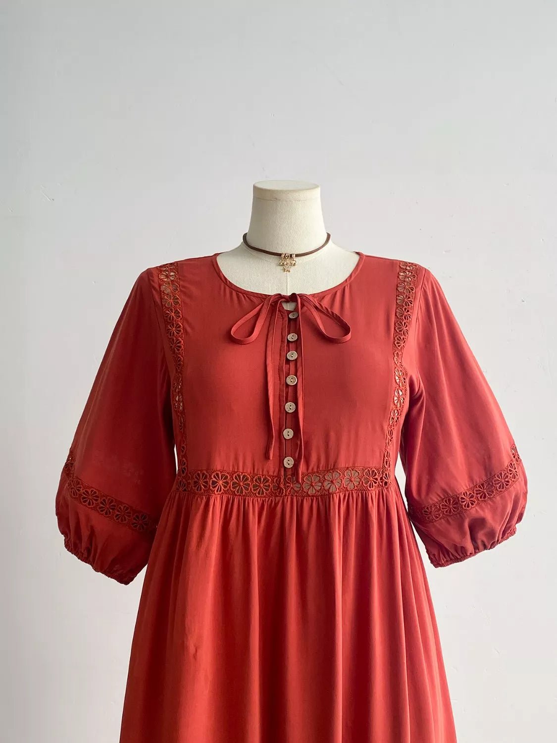 Plus Size Tie Neck Puff Sleeve Midi Dress with Lace Trim - MAD RUFFI