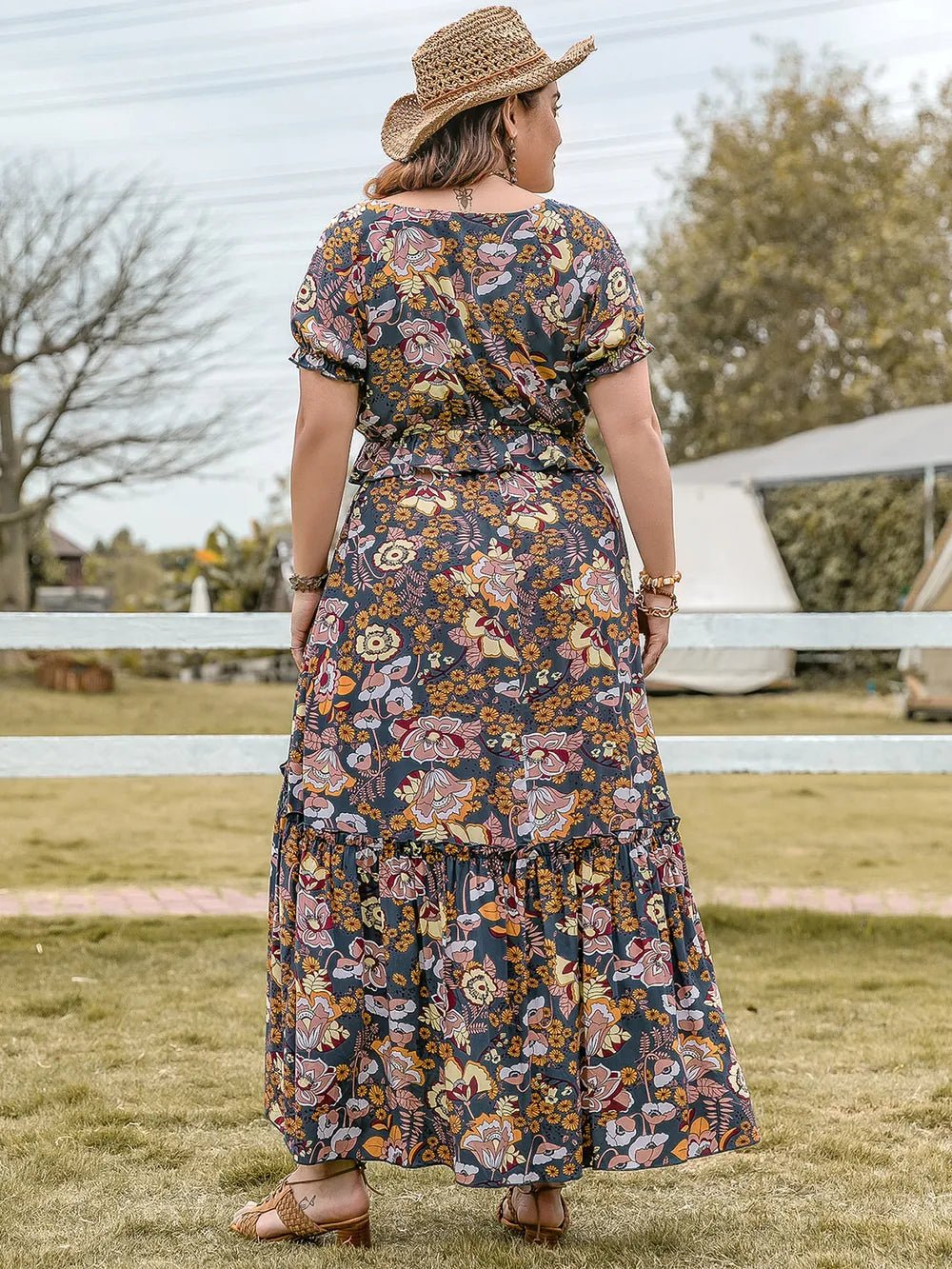 Plus Size Tie Neck Short Sleeve Top and Skirt Set - MAD RUFFI