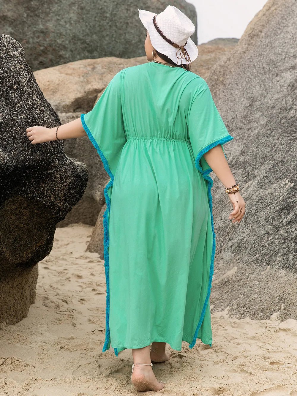 Plus Size Tied Fringe V - Neck Half Sleeve Dress - MAD RUFFI