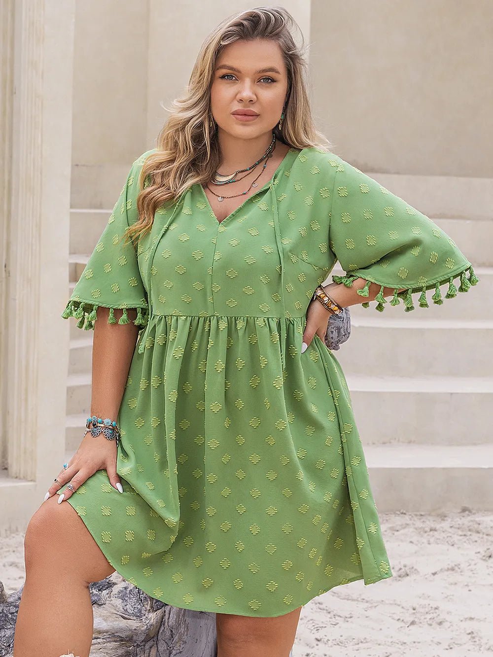Plus Size Tied Tassel Half Sleeve Mini Dress - MAD RUFFI
