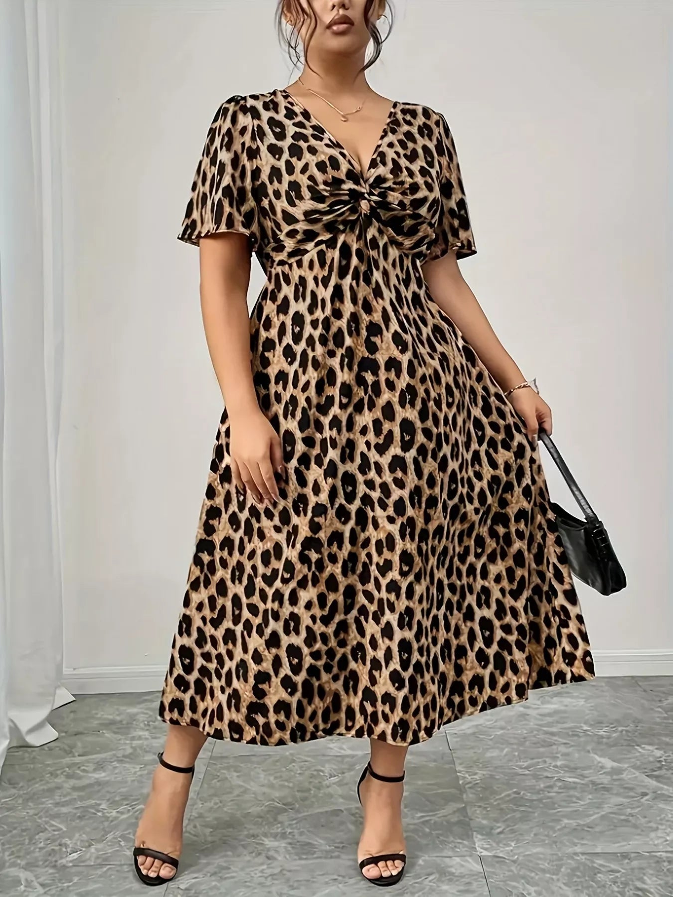 Plus Size Twisted Front Leopard Short Sleeve Dress - MAD RUFFI