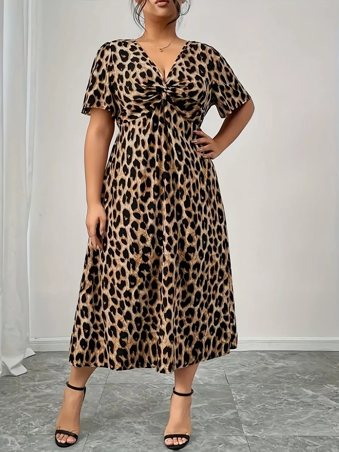 Plus Size Twisted Front Leopard Short Sleeve Dress - MAD RUFFI
