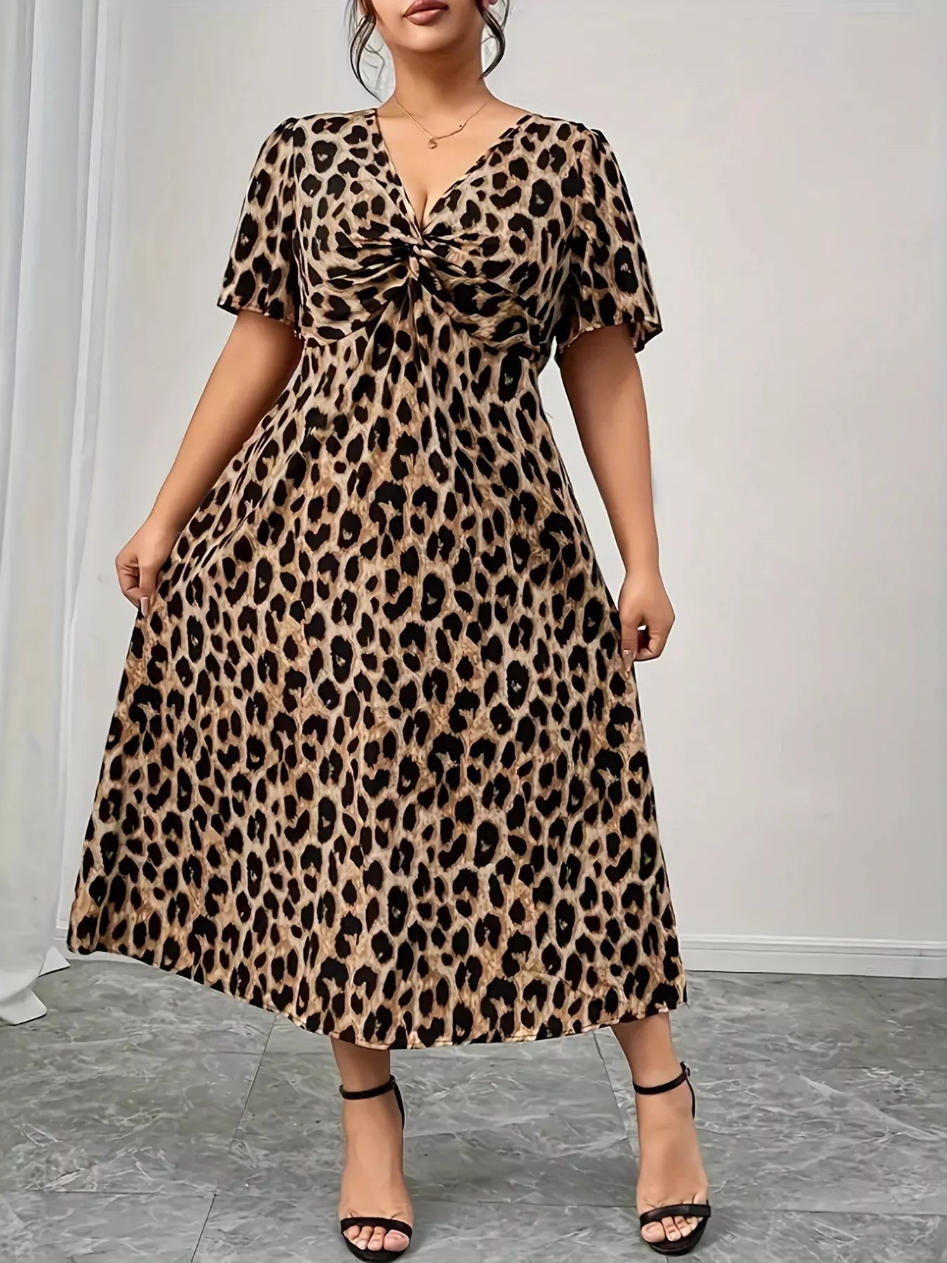 Plus Size Twisted Front Leopard Short Sleeve Dress - MAD RUFFI
