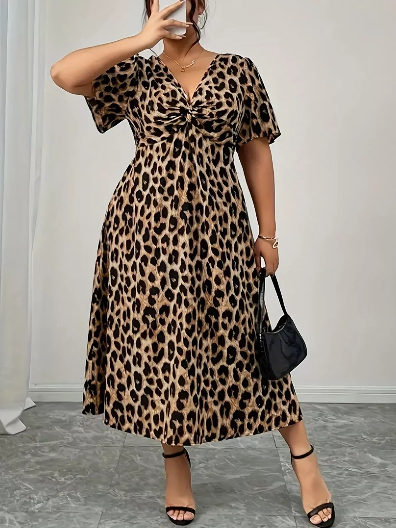 Plus Size Twisted Front Leopard Short Sleeve Dress - MAD RUFFI