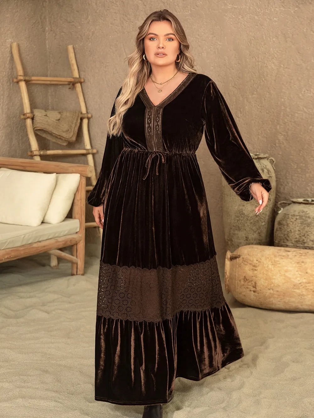Plus Size V - Neck Balloon Sleeve Maxi Dress - MAD RUFFI