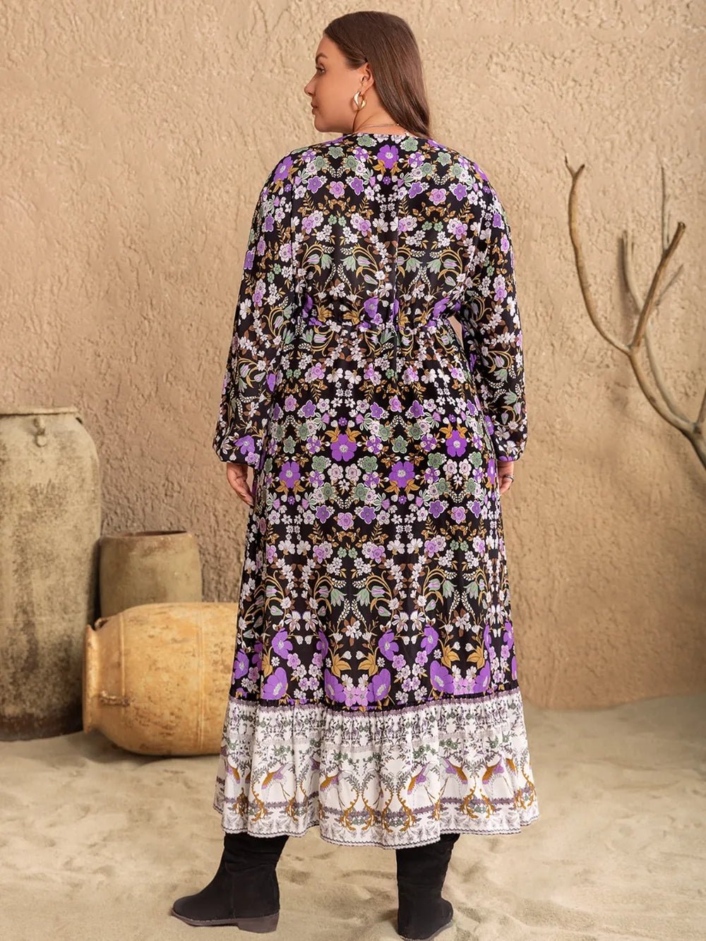 Plus Size V - Neck Balloon Sleeve Printed Midi Dress - MAD RUFFI