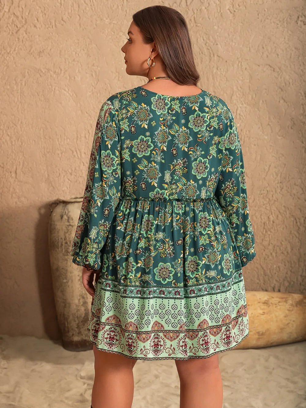 Plus Size V - Neck Balloon Sleeve Printed Mini Dress - MAD RUFFI