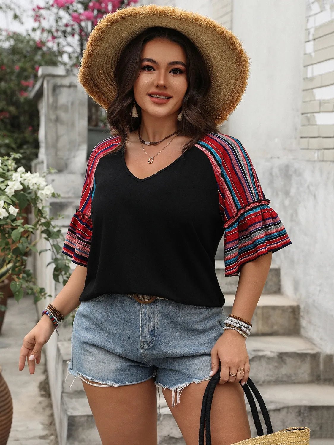 Plus Size V - Neck Flounce Sleeve Top - MAD RUFFI