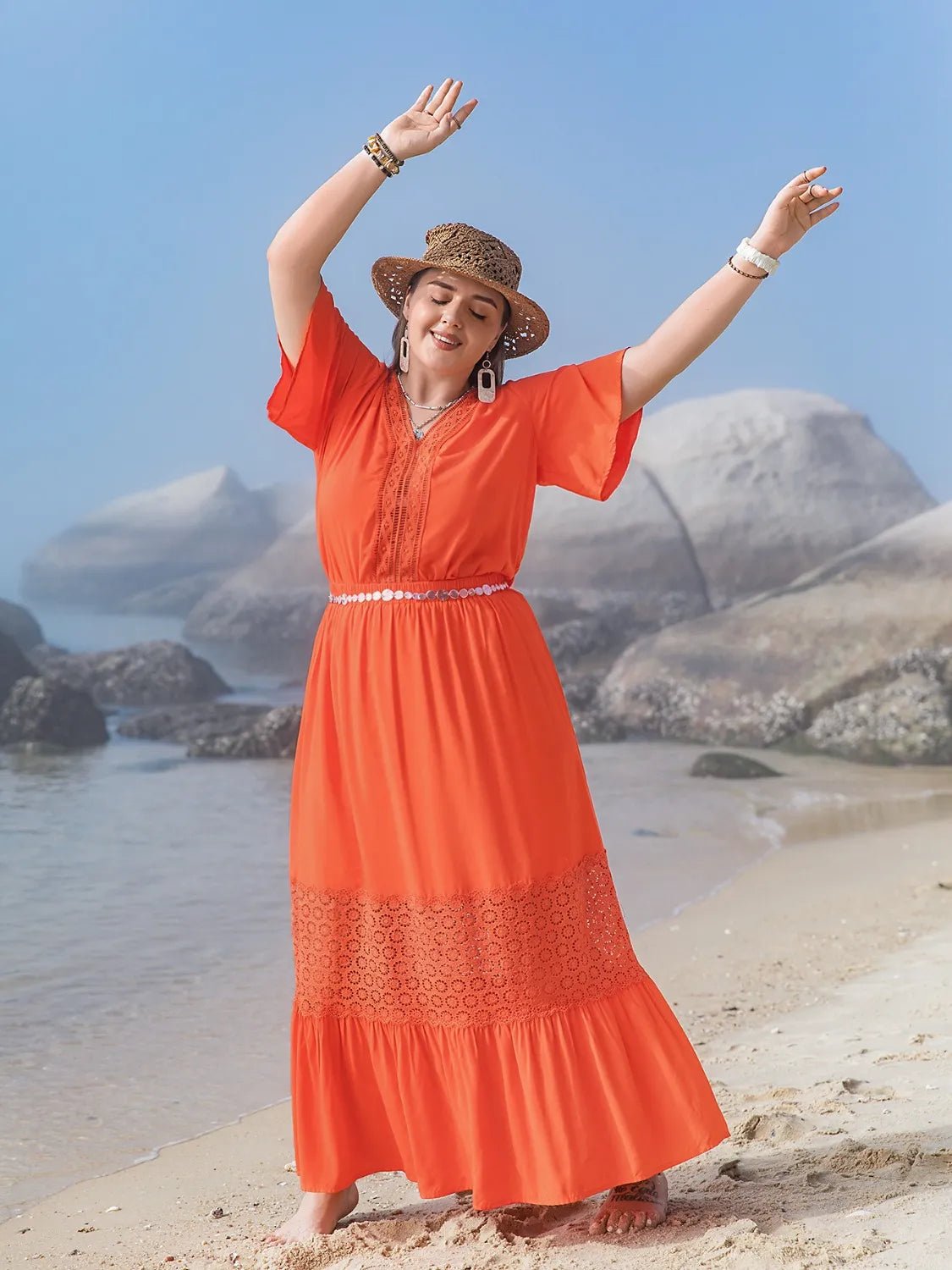 Plus Size V - Neck Flutter Sleeve Maxi Dress - MAD RUFFI