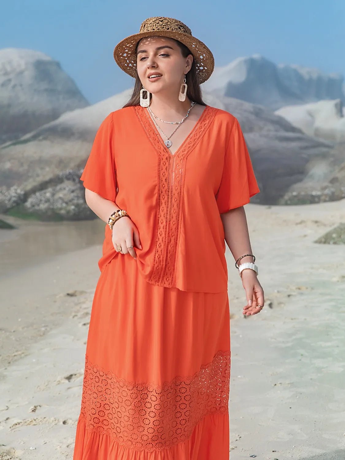 Plus Size V - Neck Flutter Sleeve Maxi Dress - MAD RUFFI