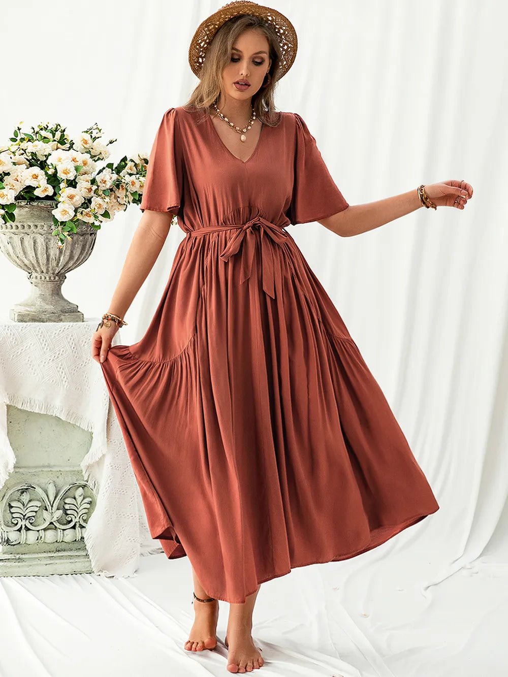 Plus Size V - Neck Flutter Sleeve Midi Dress - MAD RUFFI