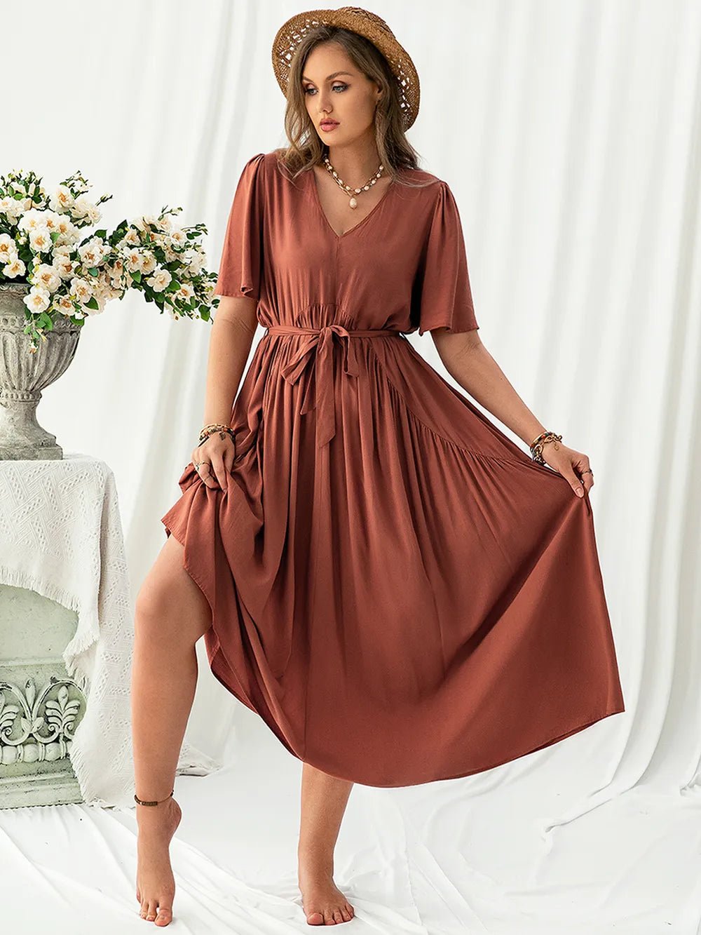 Plus Size V - Neck Flutter Sleeve Midi Dress - MAD RUFFI