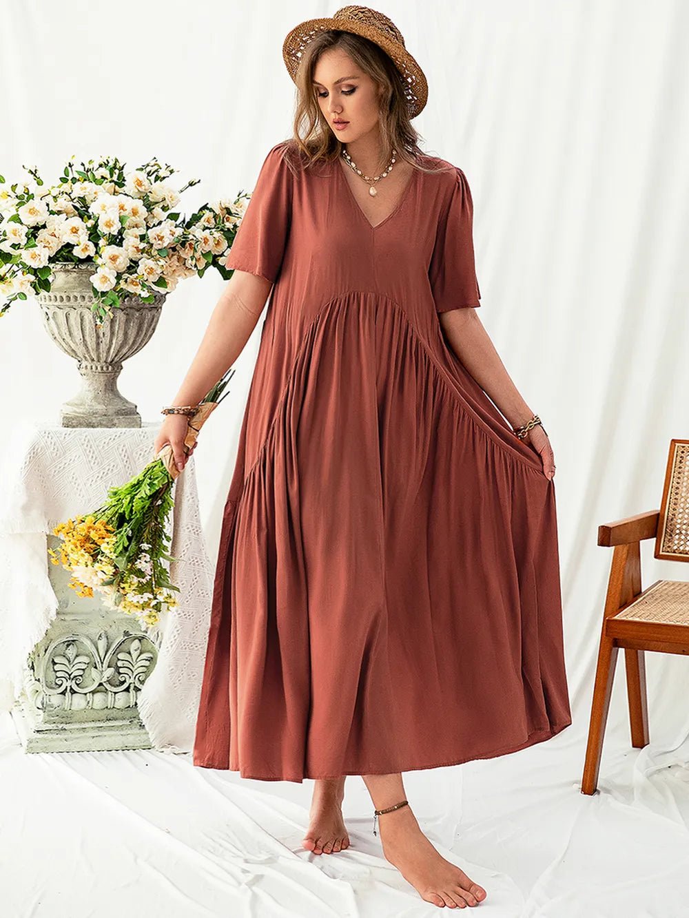 Plus Size V - Neck Flutter Sleeve Midi Dress - MAD RUFFI