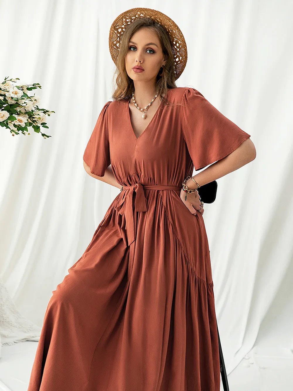 Plus Size V - Neck Flutter Sleeve Midi Dress - MAD RUFFI