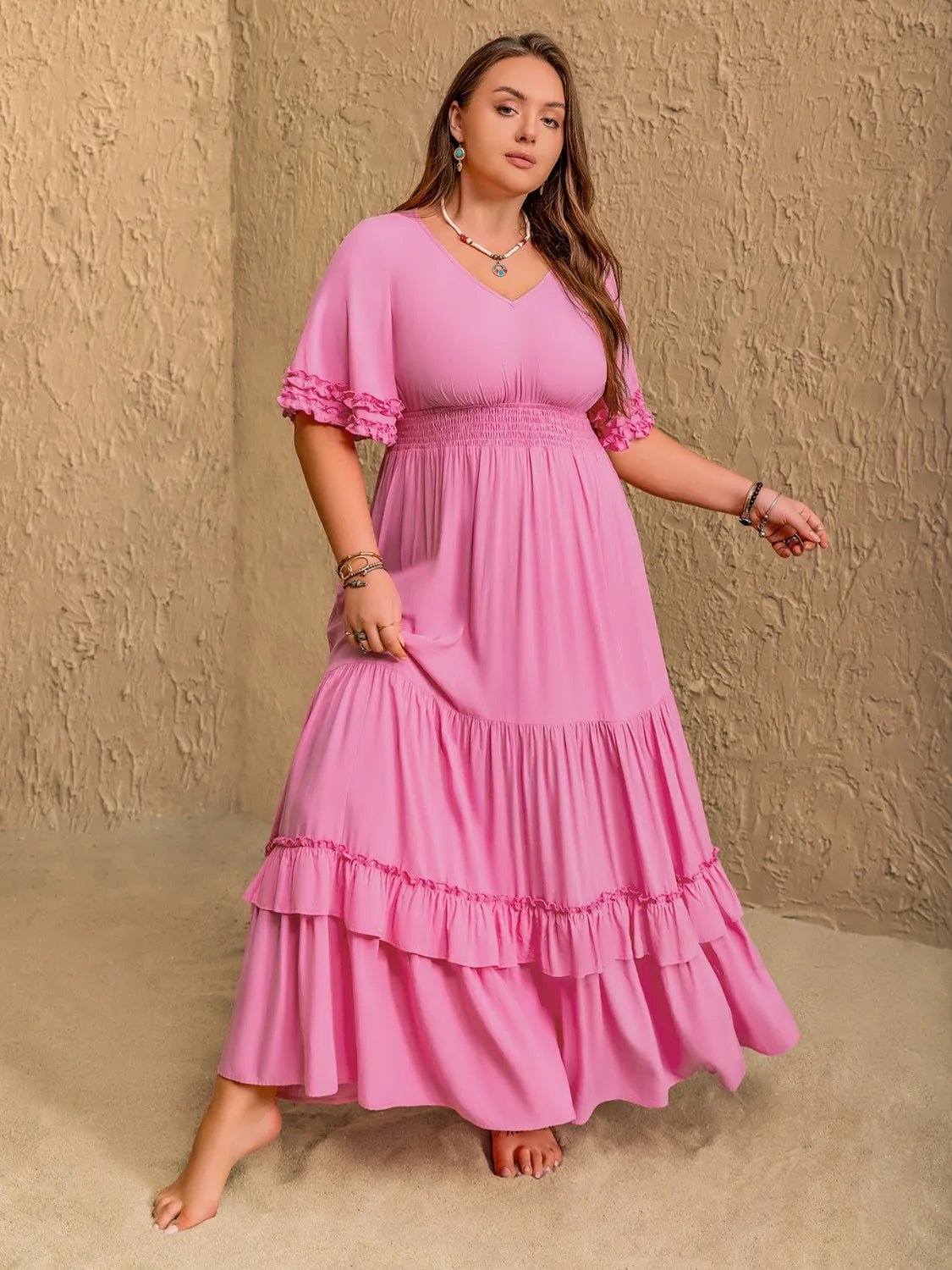 Plus Size V - Neck Half Sleeve Maxi Dress - MAD RUFFI