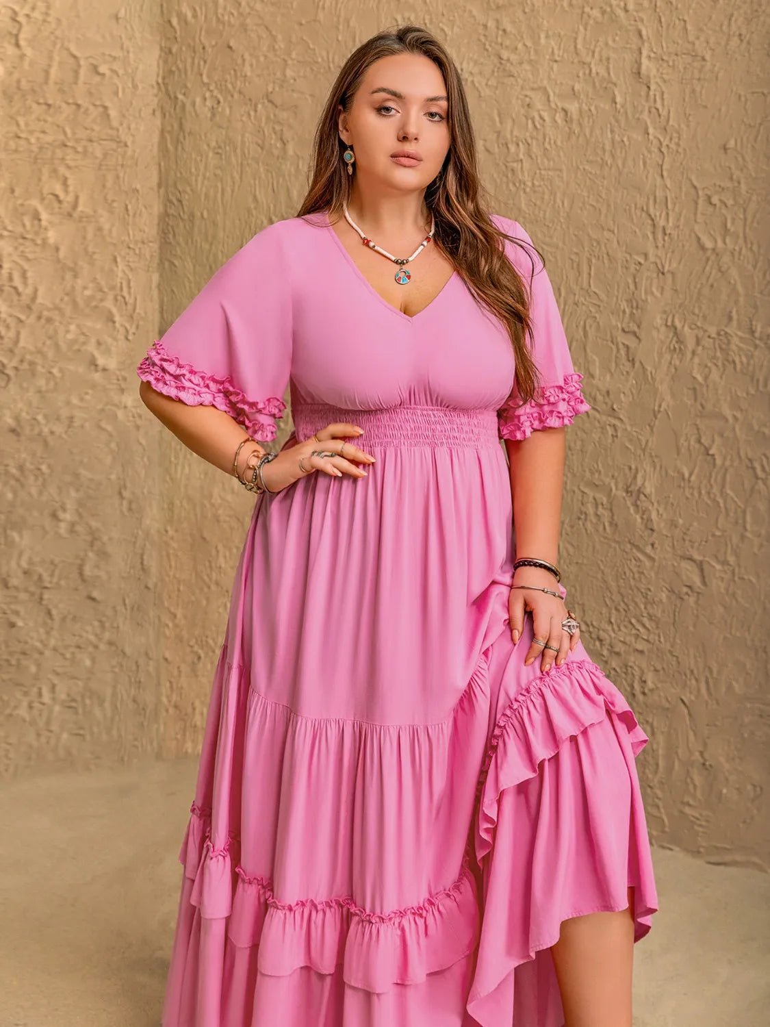 Plus Size V - Neck Half Sleeve Maxi Dress - MAD RUFFI