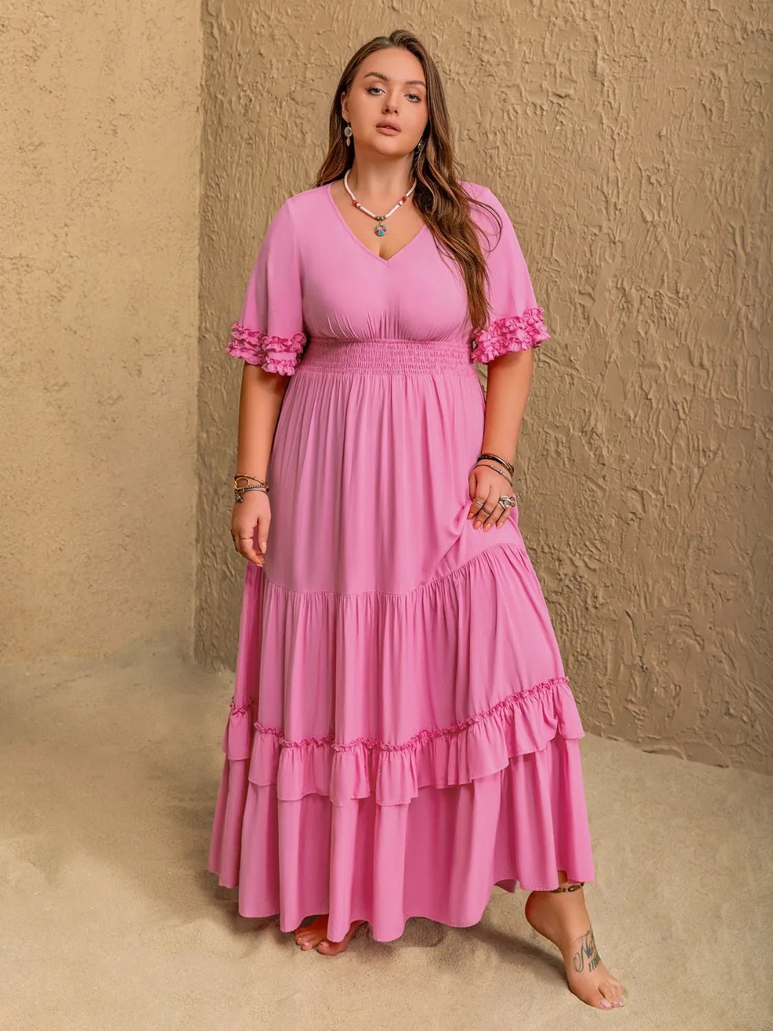 Plus Size V - Neck Half Sleeve Maxi Dress - MAD RUFFI