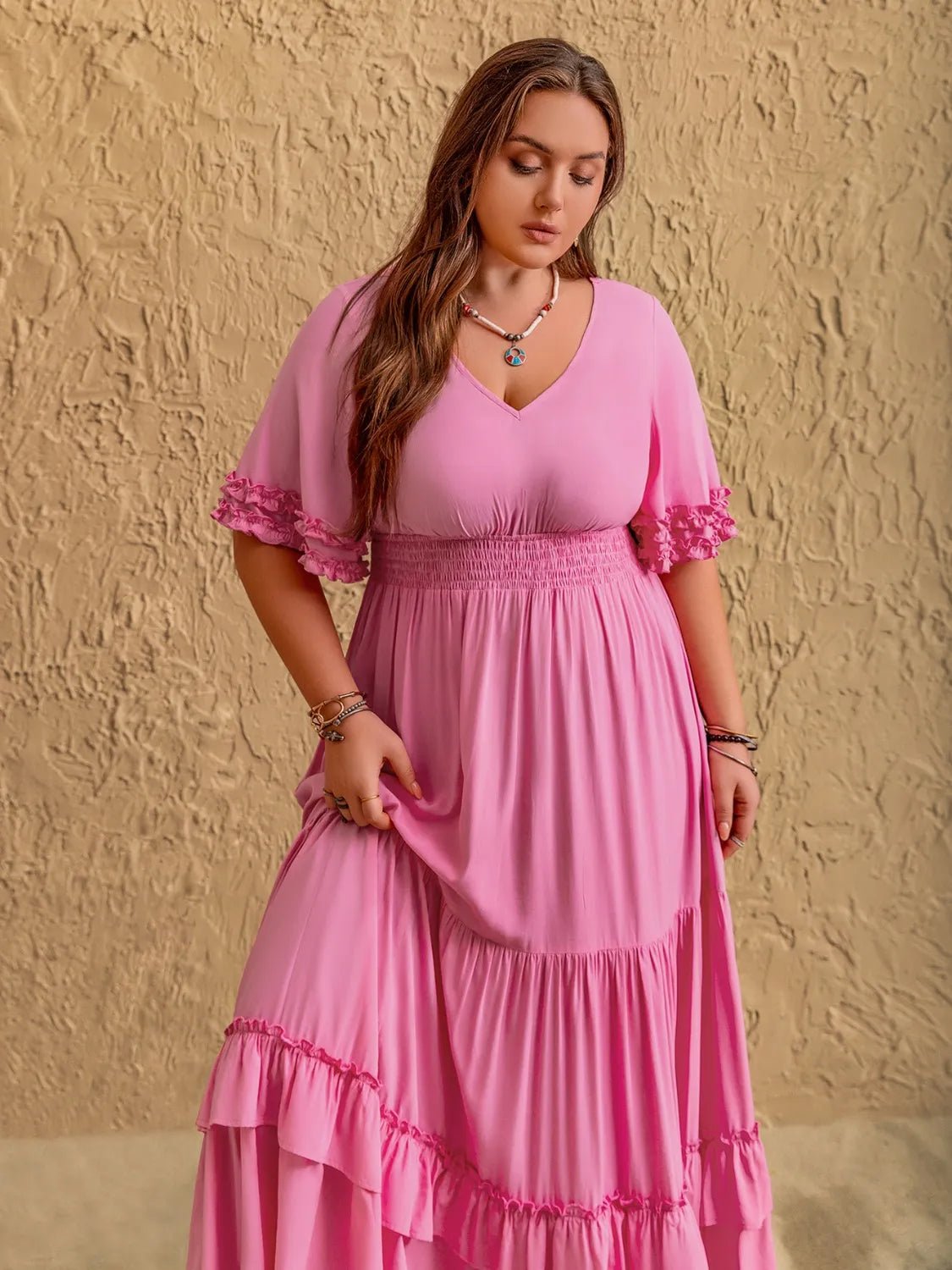 Plus Size V - Neck Half Sleeve Maxi Dress - MAD RUFFI