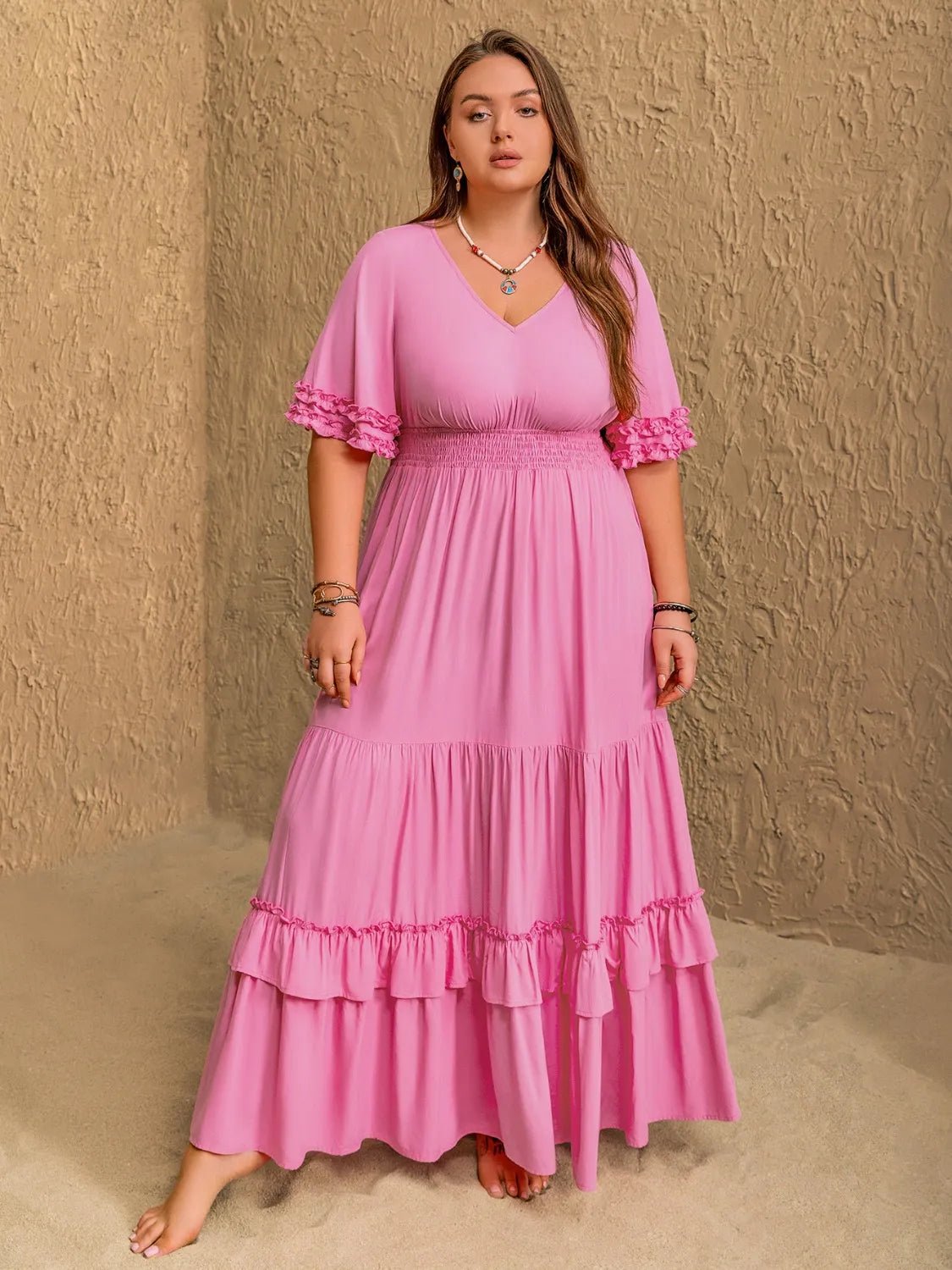 Plus Size V - Neck Half Sleeve Maxi Dress - MAD RUFFI