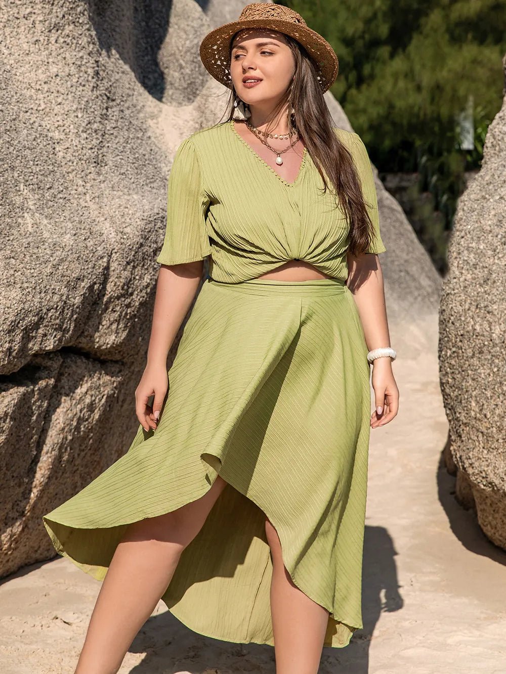 Plus Size V - Neck Half Sleeve Top and High - Low Skirt Set - MAD RUFFI