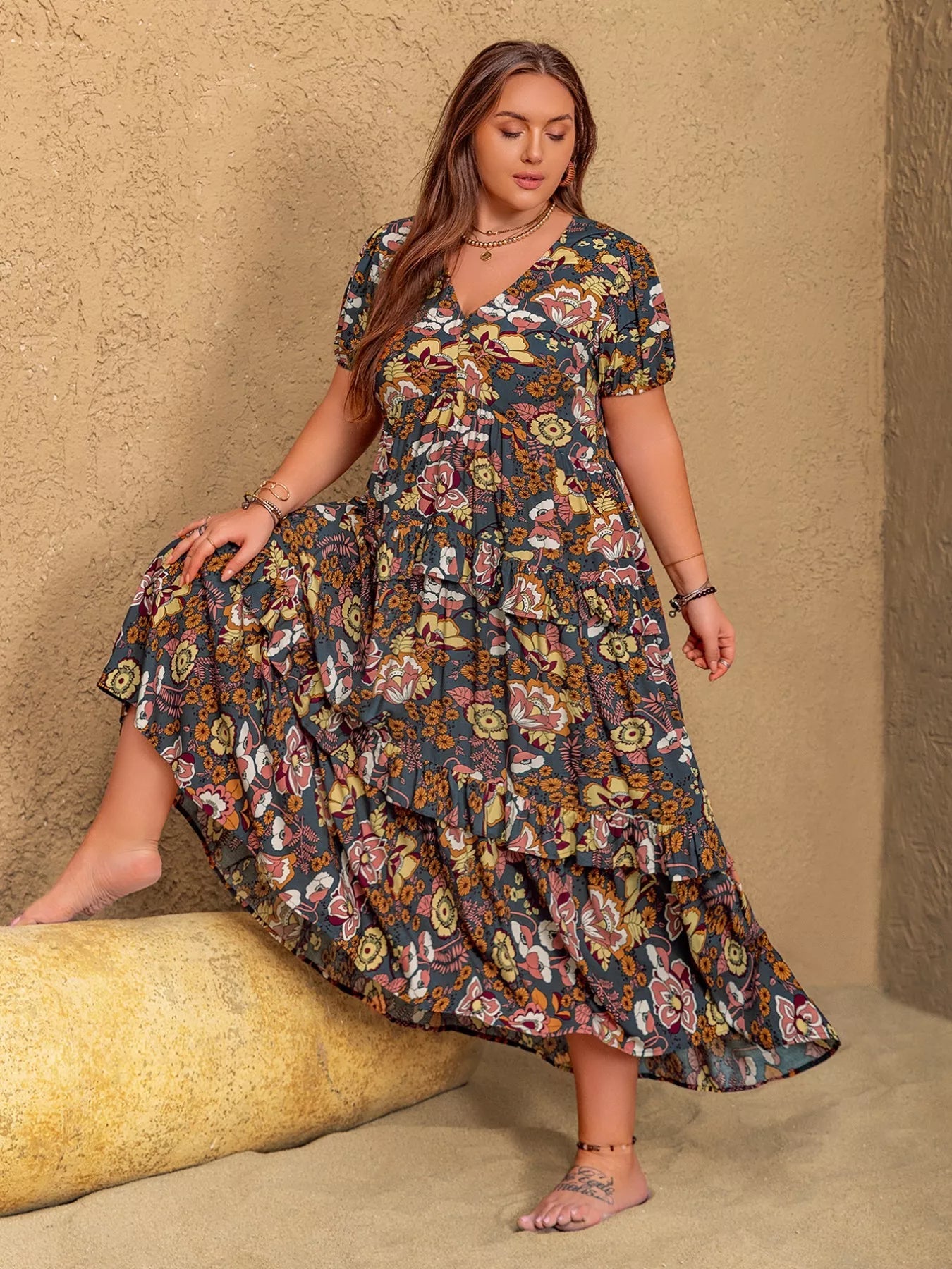 Plus Size V - Neck Short Sleeve Midi Dress - MAD RUFFI