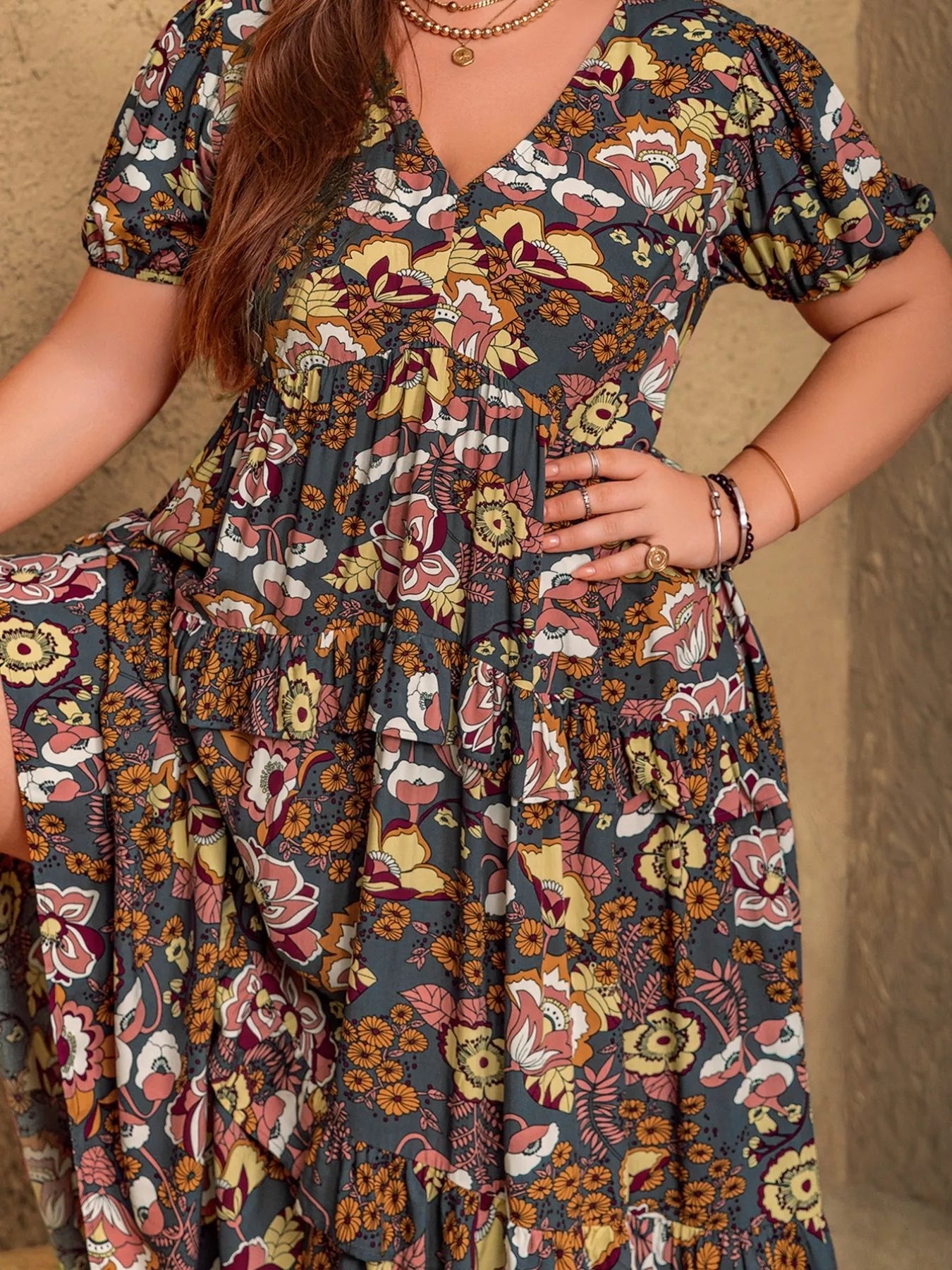 Plus Size V - Neck Short Sleeve Midi Dress - MAD RUFFI