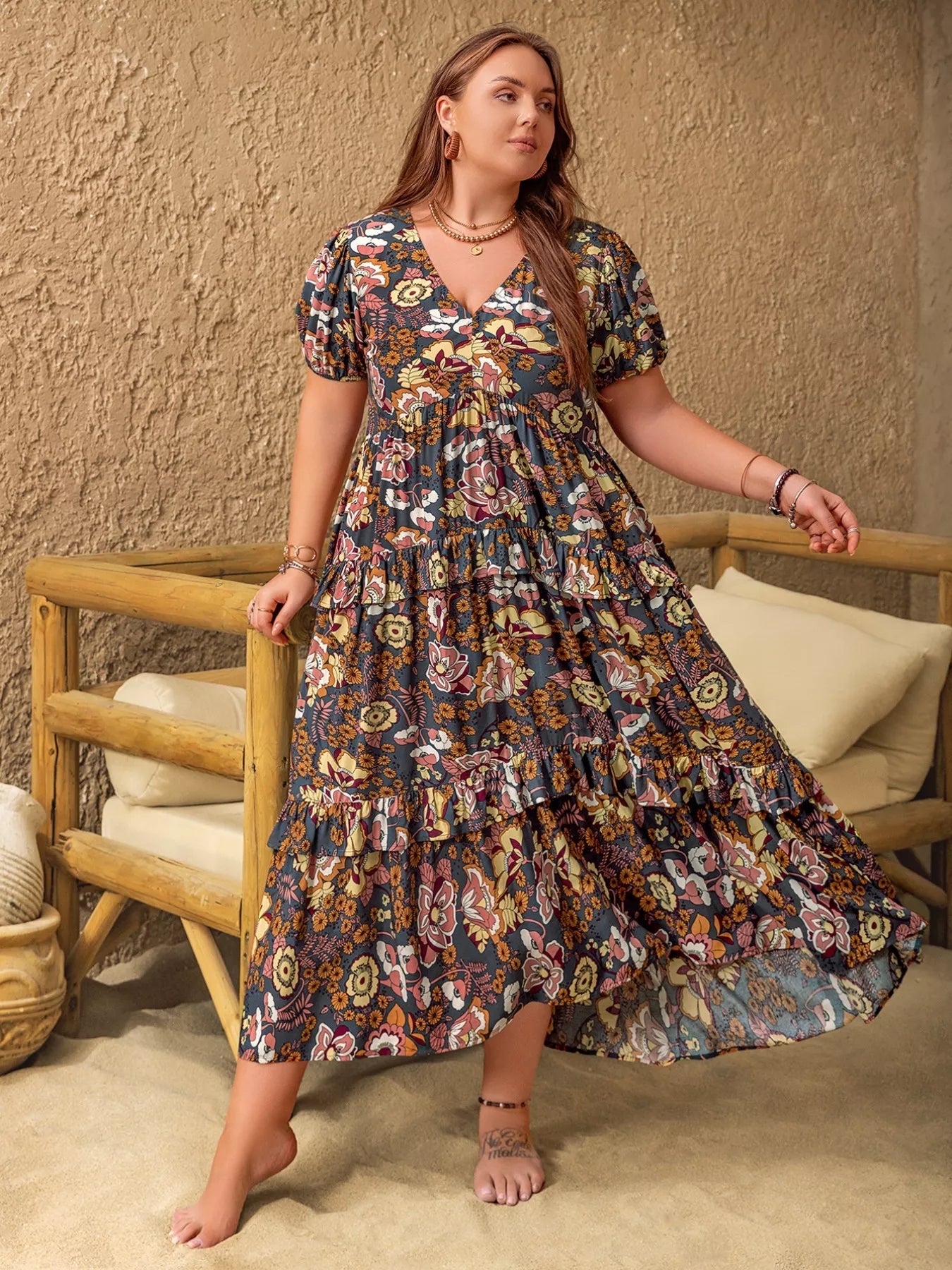 Plus Size V - Neck Short Sleeve Midi Dress - MAD RUFFI