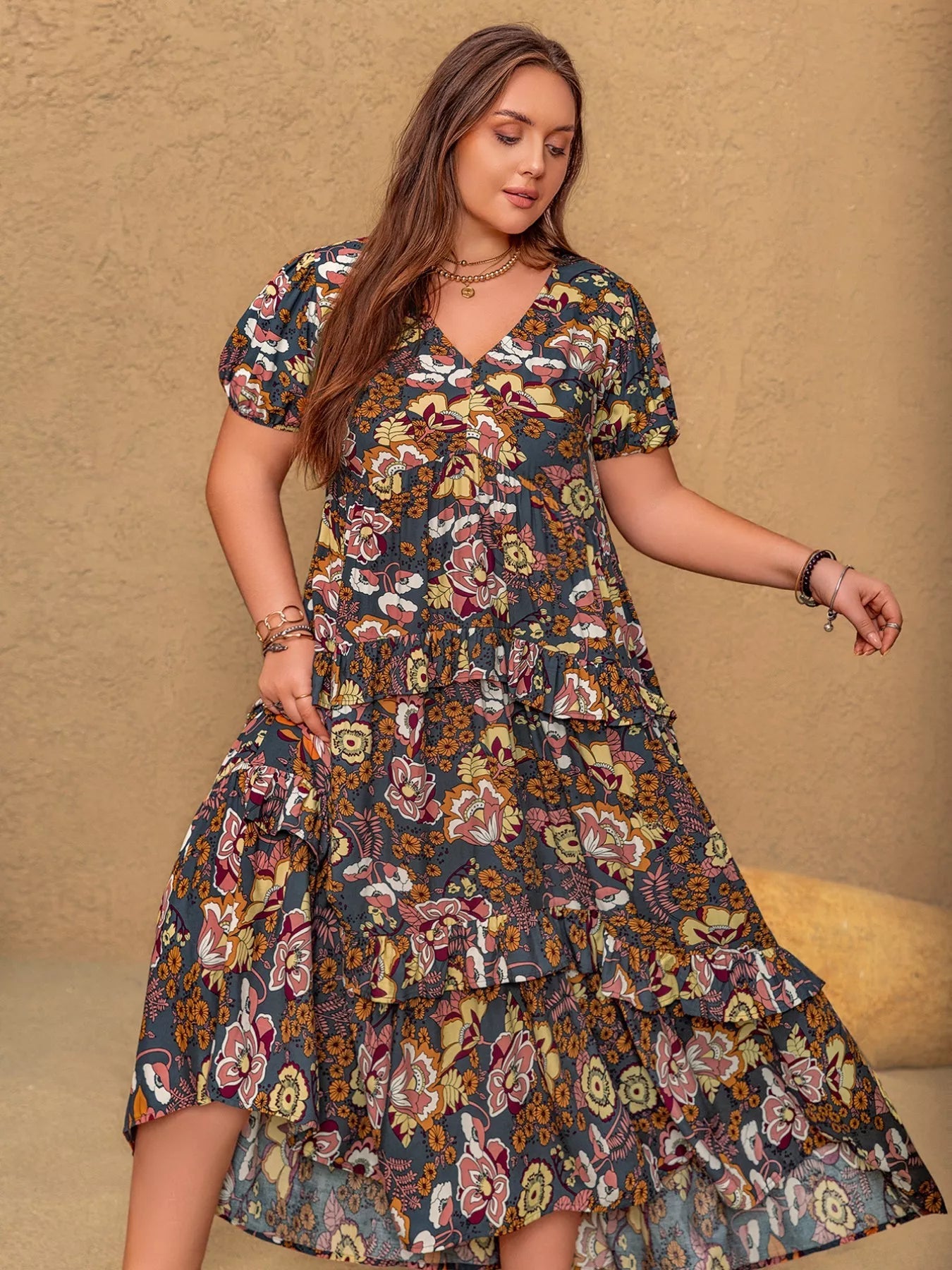 Plus Size V - Neck Short Sleeve Midi Dress - MAD RUFFI
