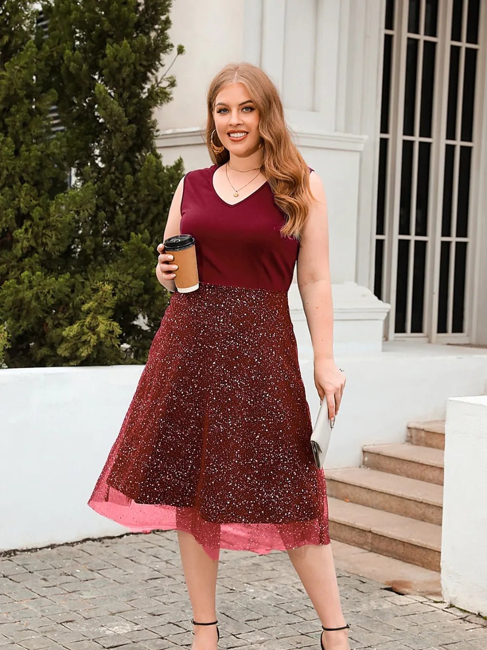 Plus Size V - Neck Sleeveless Midi Dress - MAD RUFFI