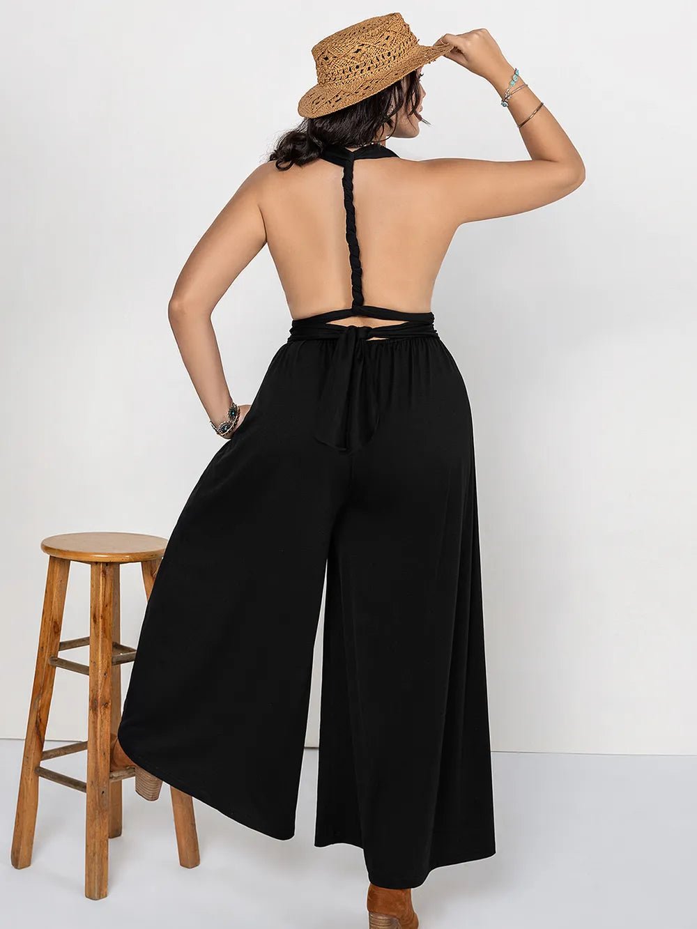 Plus Size V - Neck Wide Leg Jumpsuit - MAD RUFFI