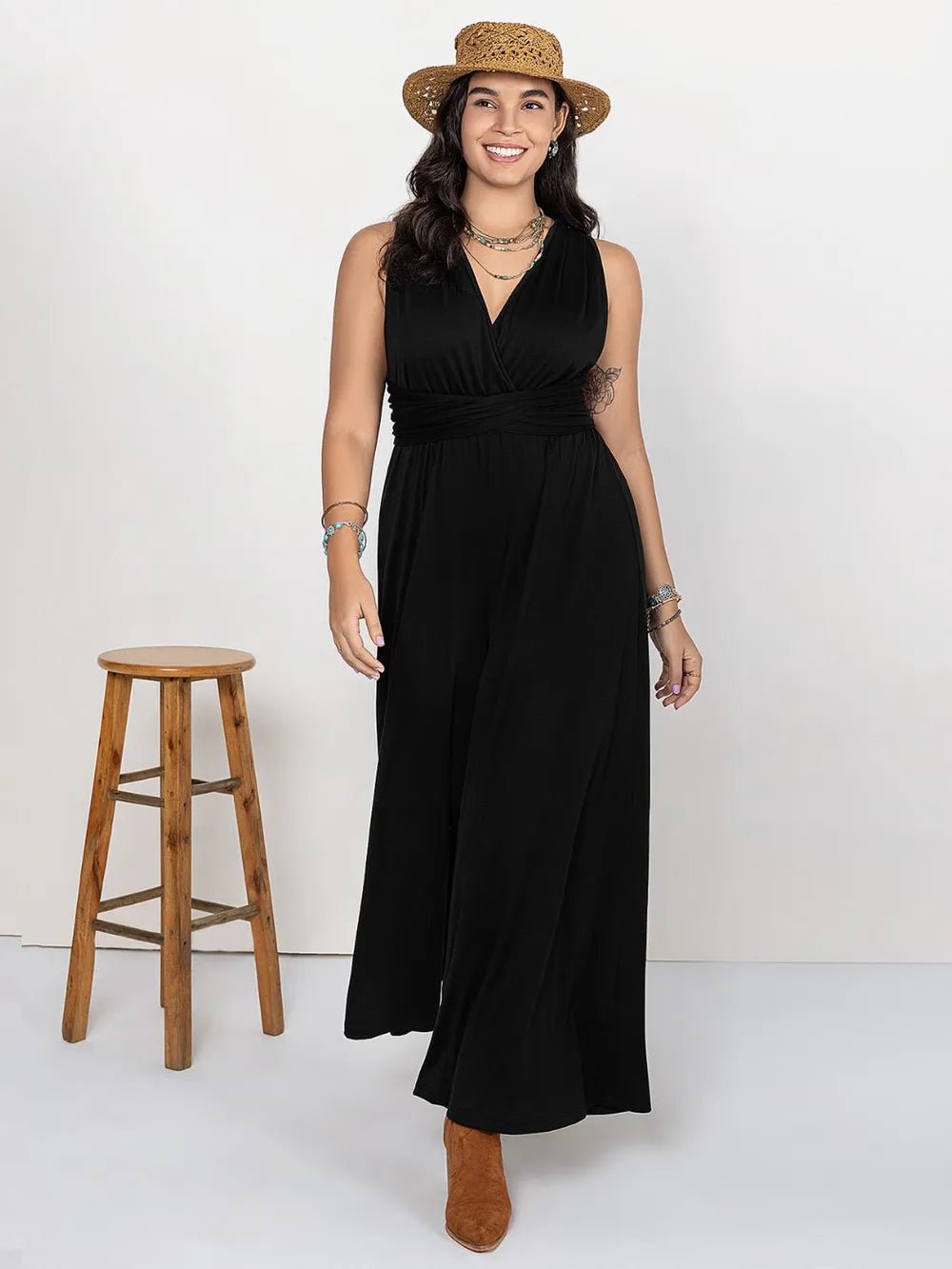 Plus Size V - Neck Wide Leg Jumpsuit - MAD RUFFI