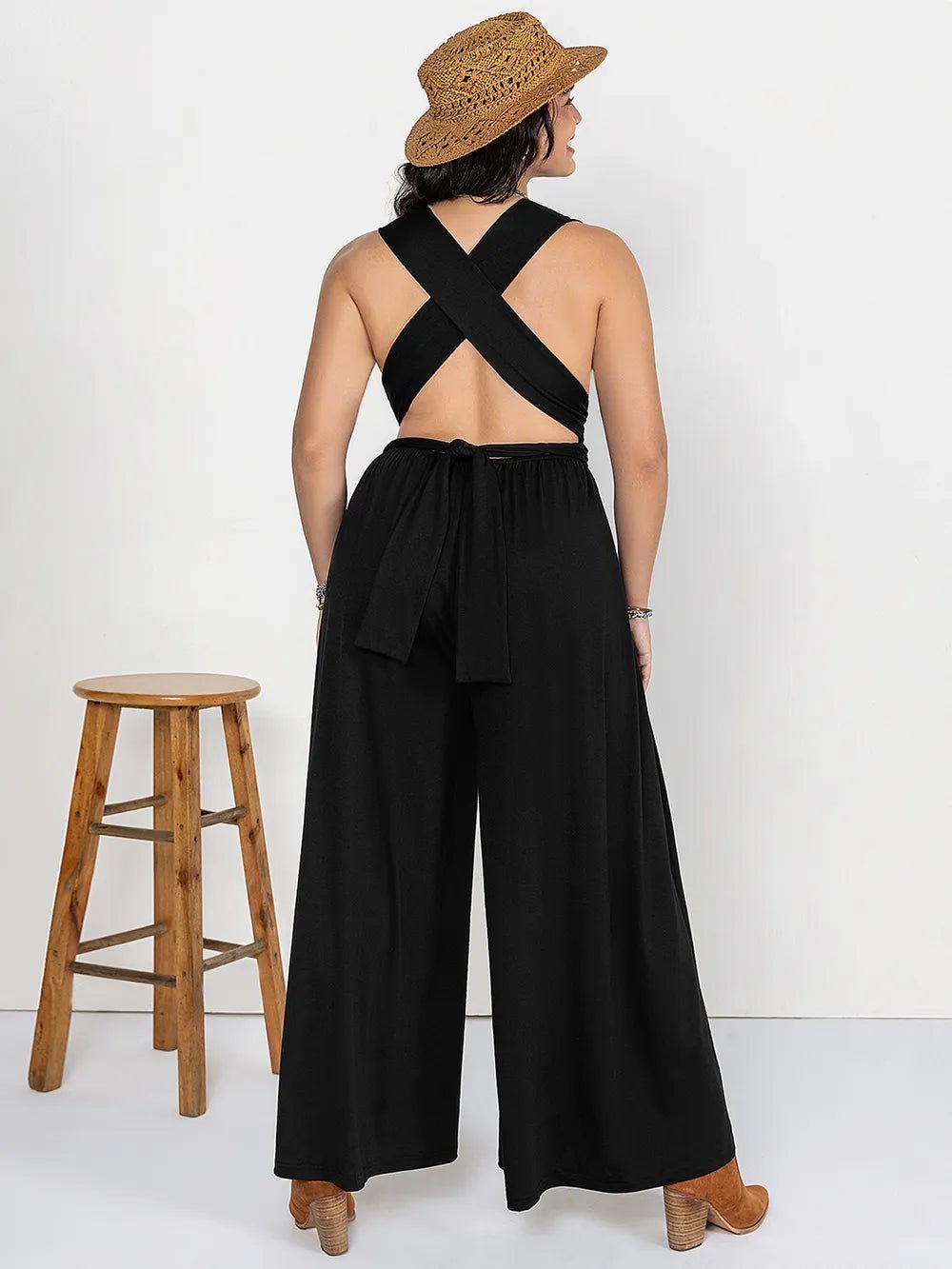 Plus Size V - Neck Wide Leg Jumpsuit - MAD RUFFI
