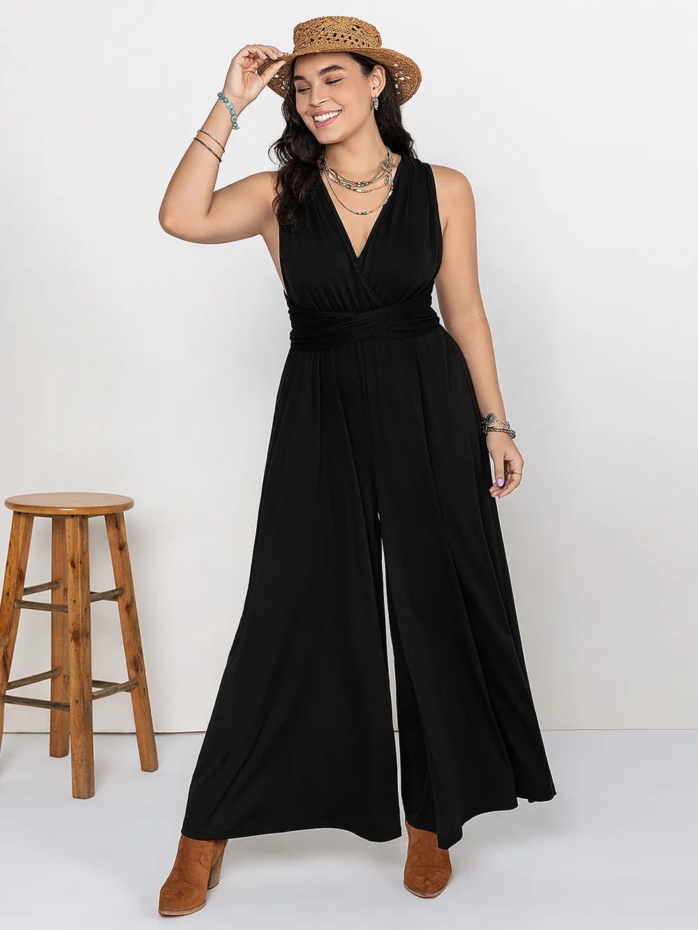 Plus Size V - Neck Wide Leg Jumpsuit - MAD RUFFI