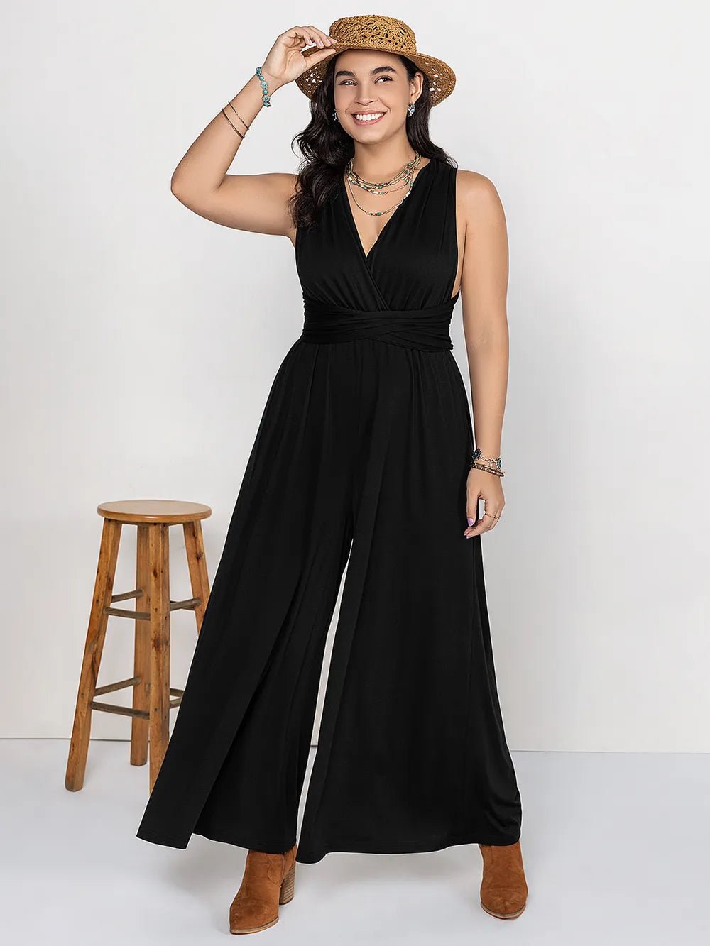 Plus Size V - Neck Wide Leg Jumpsuit - MAD RUFFI