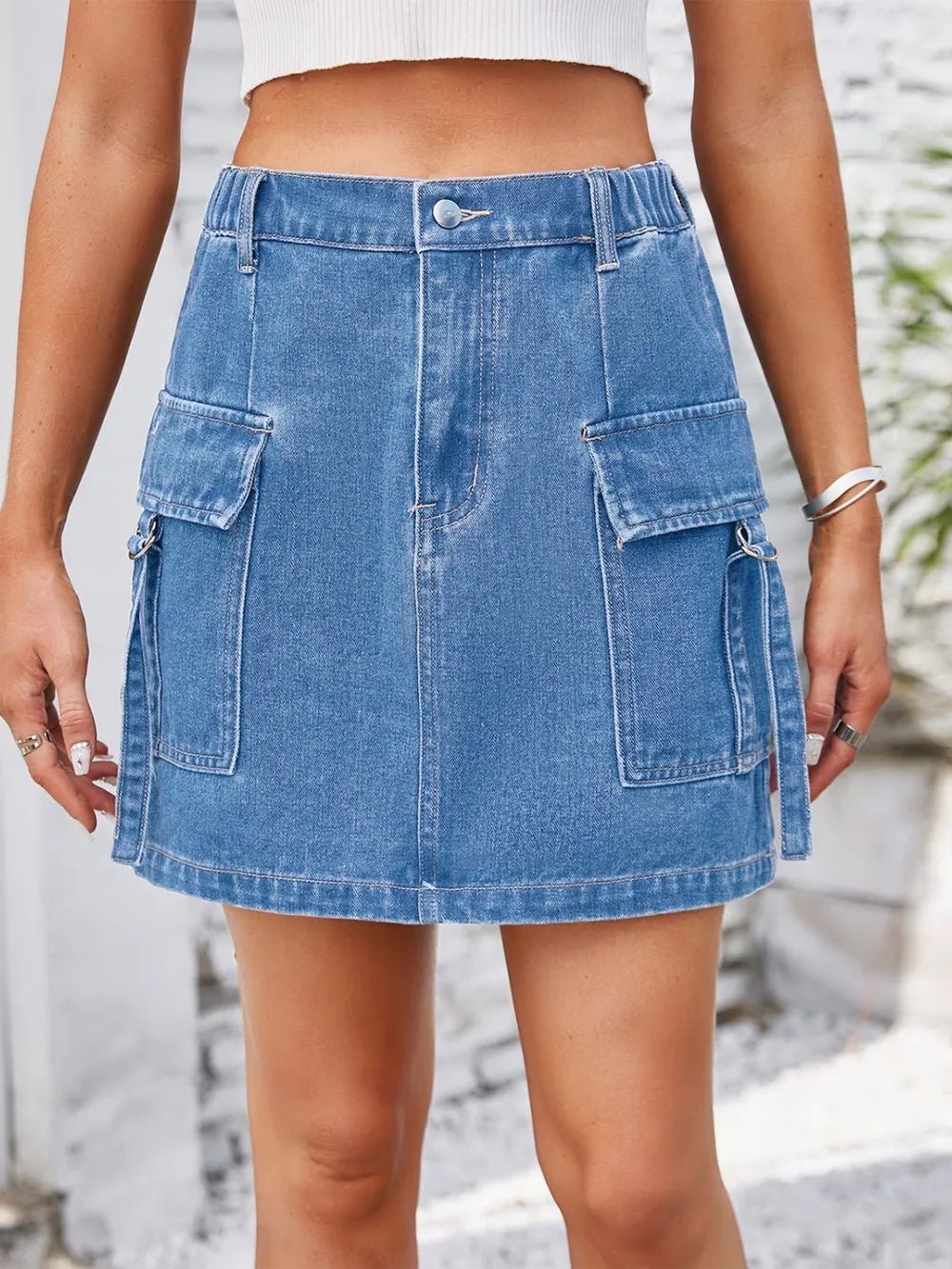 Pocketed Buttoned Denim Skirt - MAD RUFFI