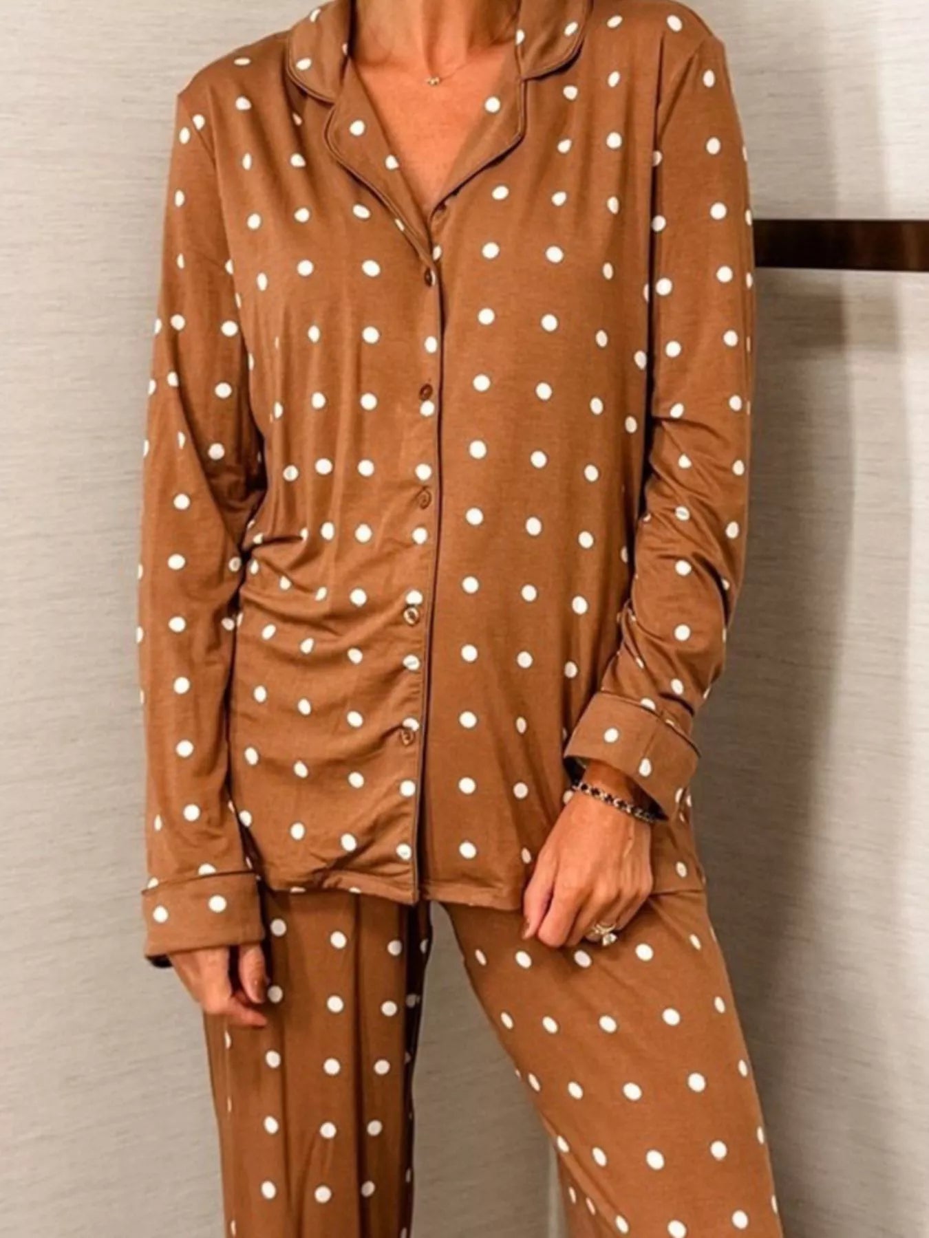 Polka Dot Button - Down Top and Pants Lounge Set - MAD RUFFI