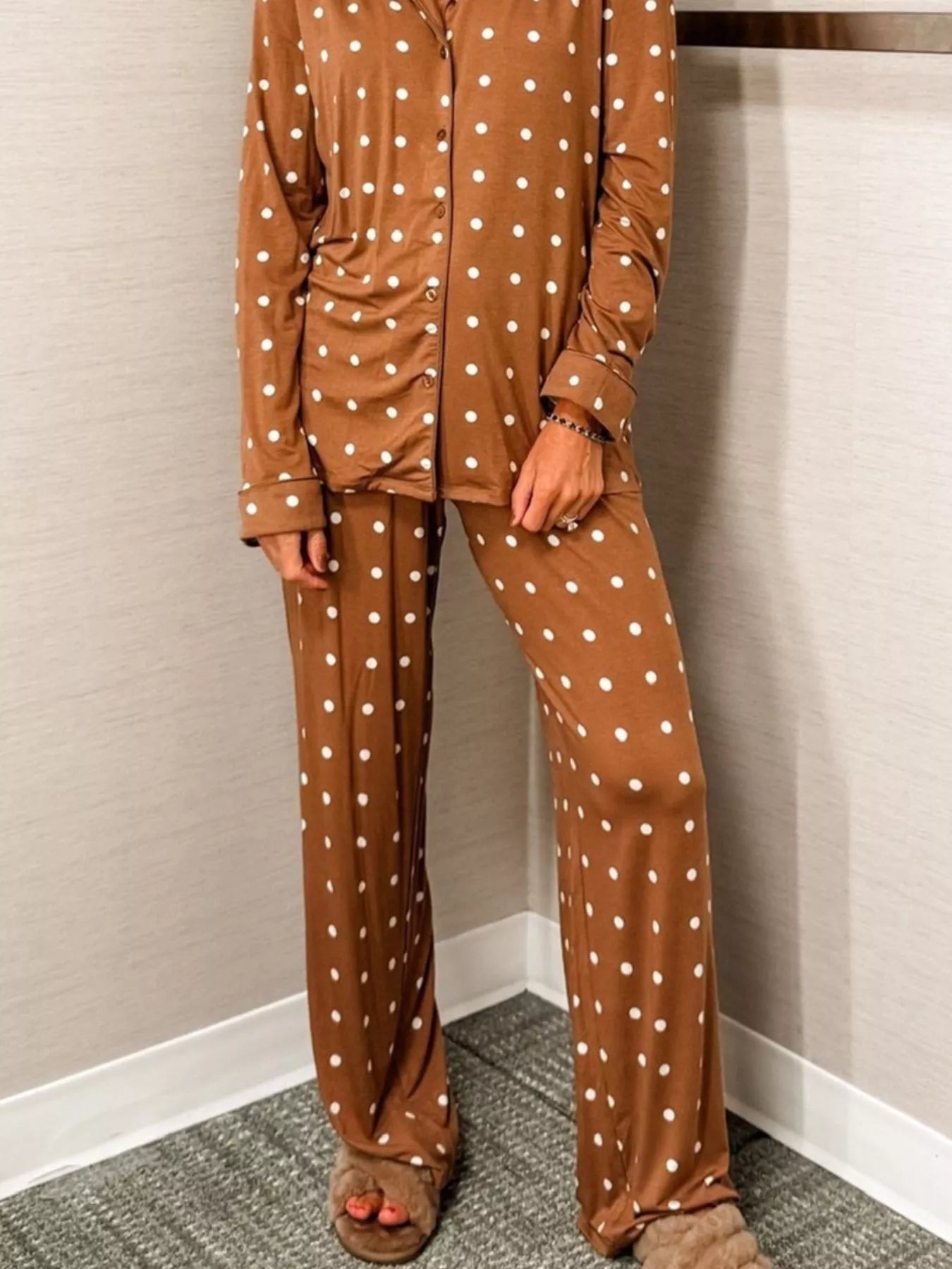 Polka Dot Button - Down Top and Pants Lounge Set - MAD RUFFI