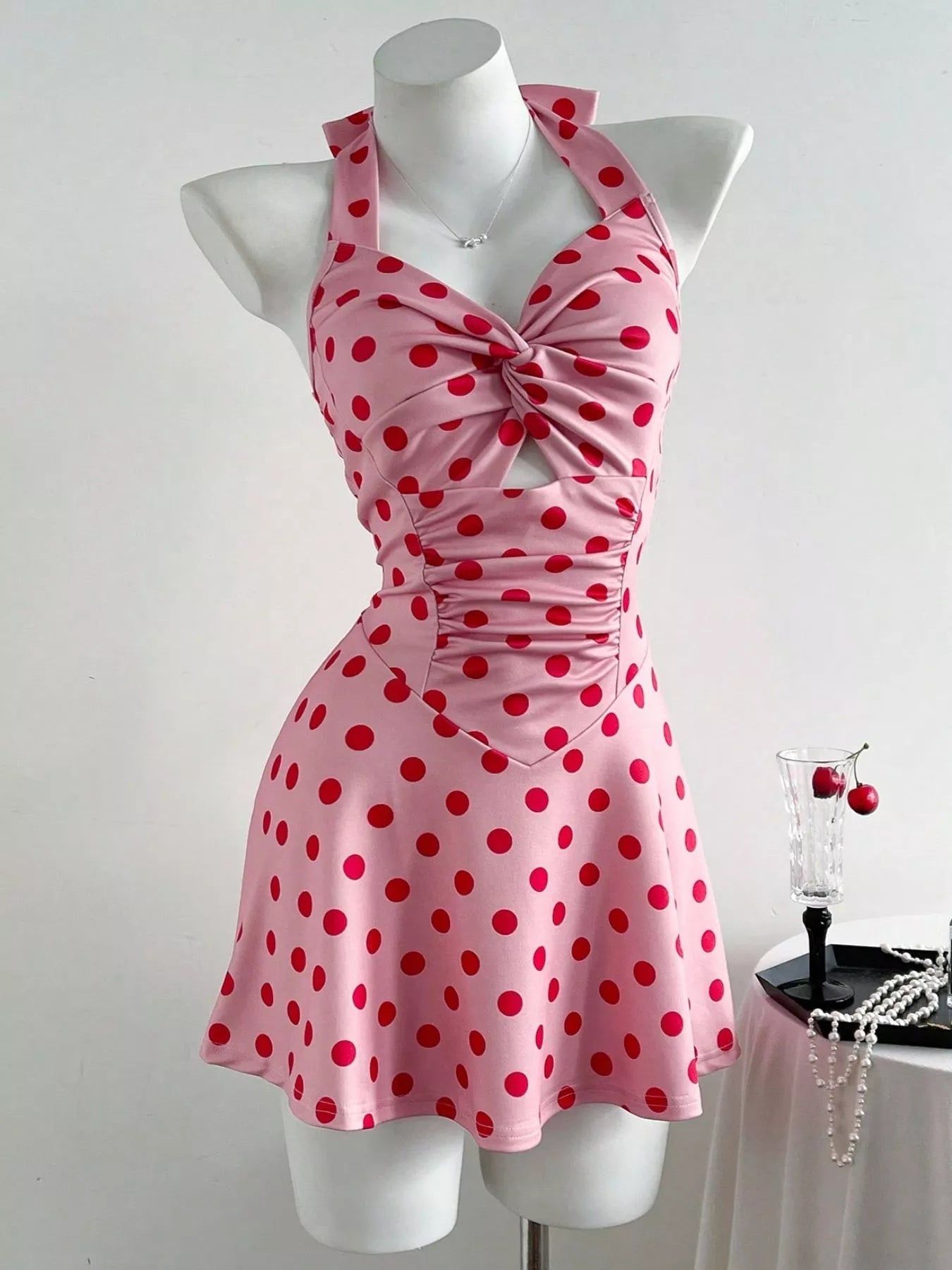 Polka Dot Halter Neck Twisted Front Mini Dress - MAD RUFFI