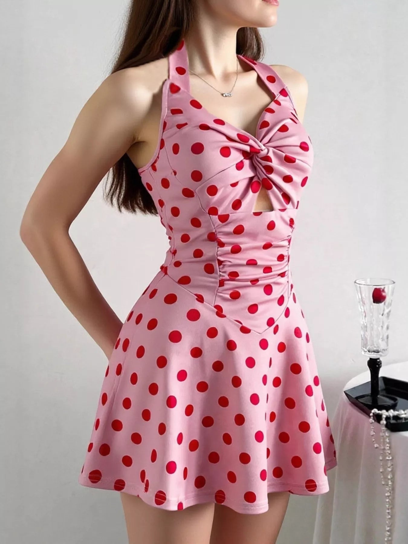 Polka Dot Halter Neck Twisted Front Mini Dress - MAD RUFFI