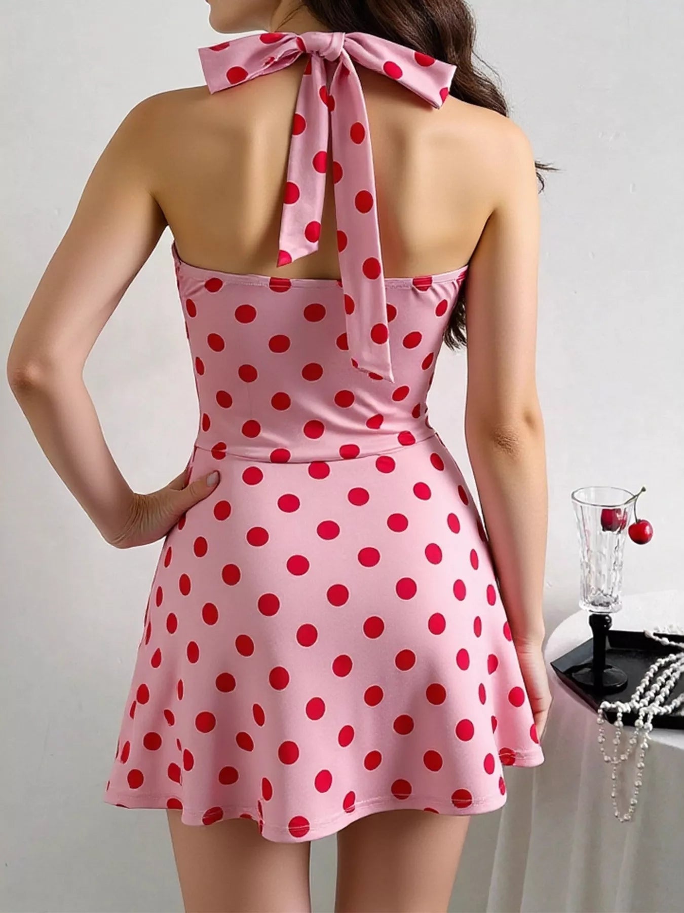 Polka Dot Halter Neck Twisted Front Mini Dress - MAD RUFFI