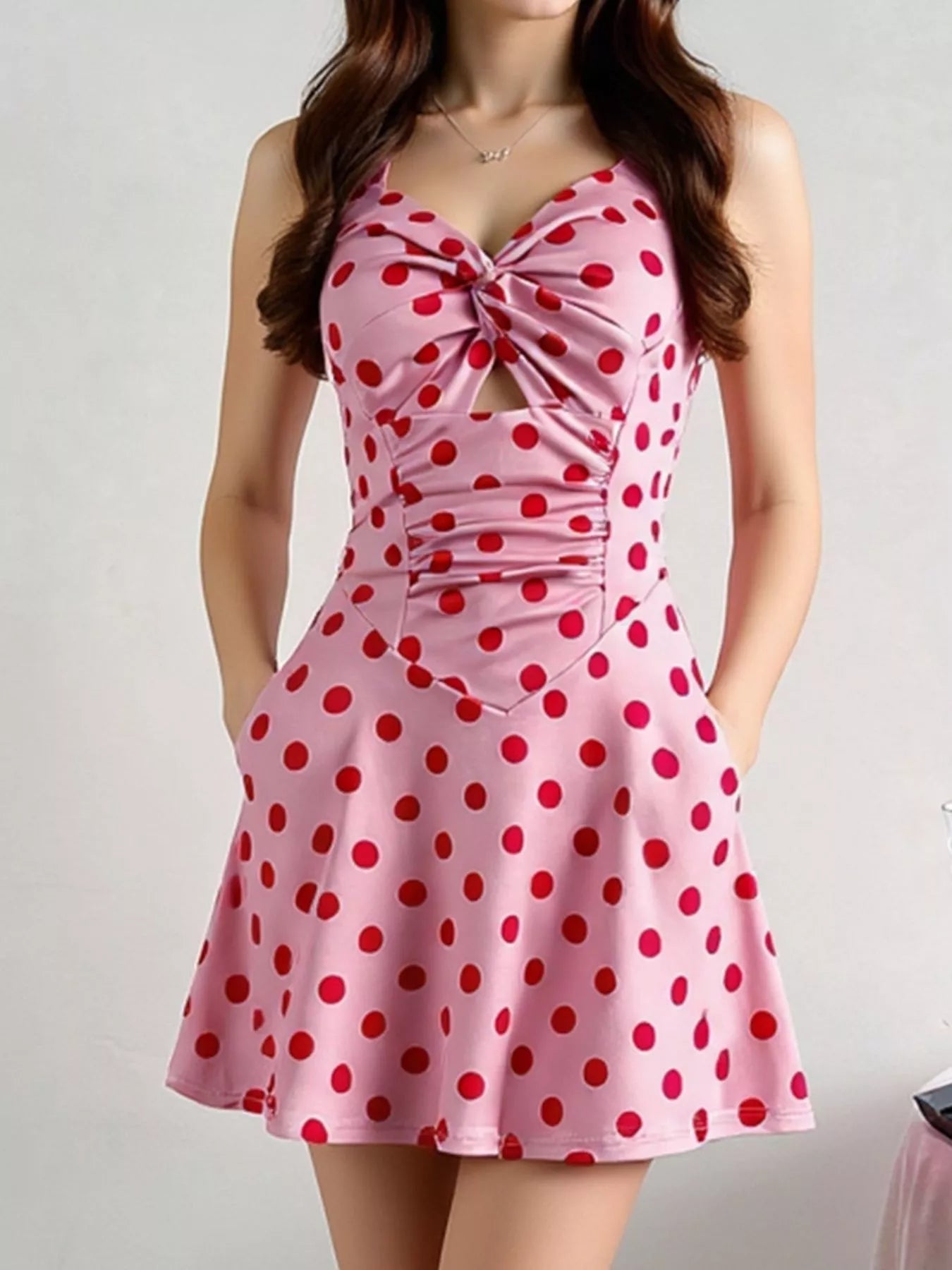 Polka Dot Halter Neck Twisted Front Mini Dress - MAD RUFFI