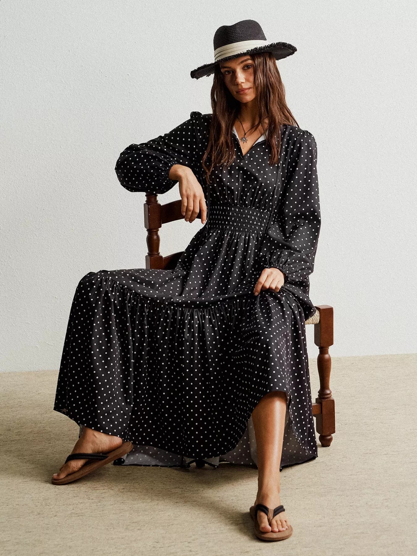 Polka Dot Long Sleeve Maxi Dress - MAD RUFFI