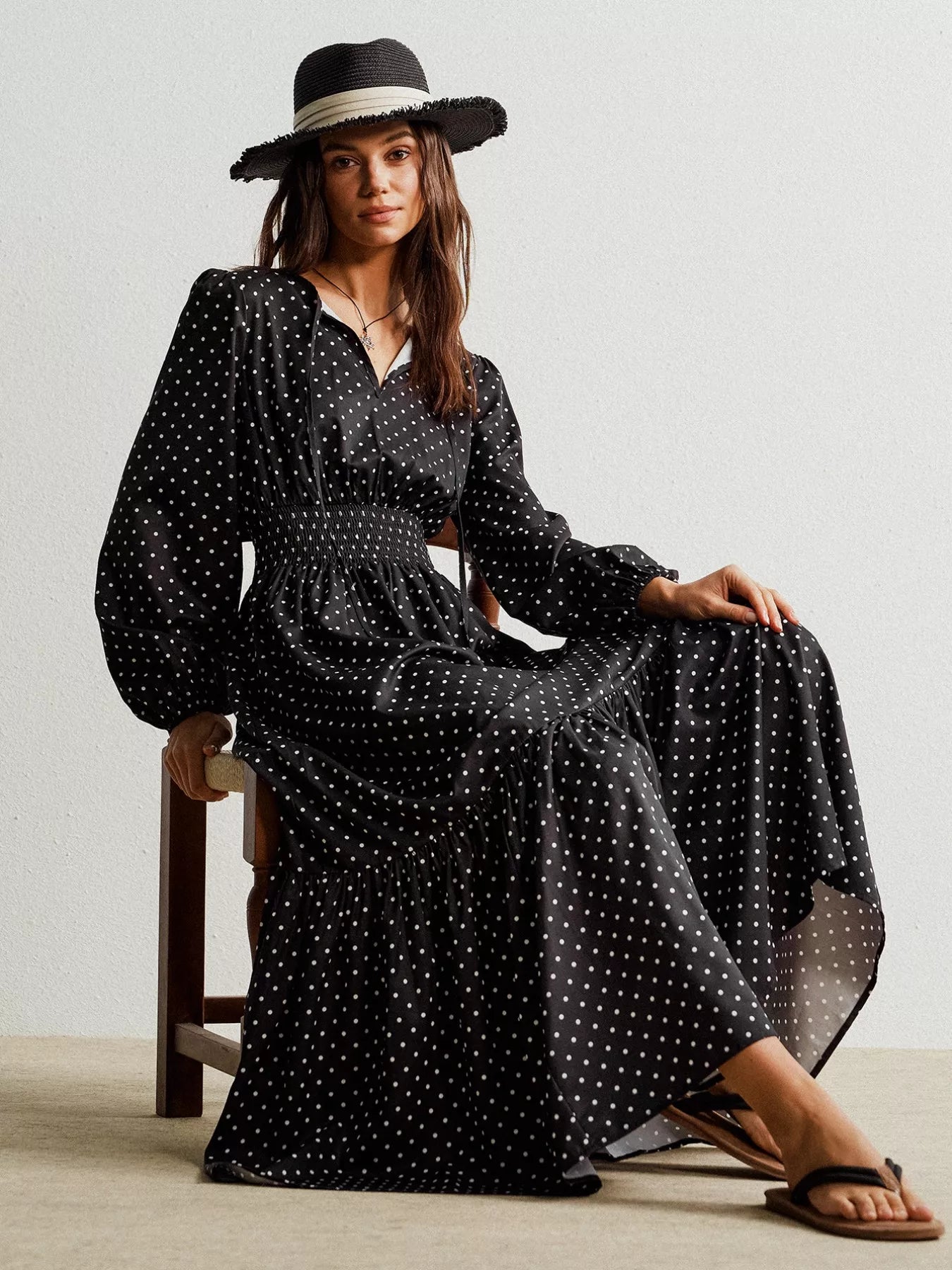 Polka Dot Long Sleeve Maxi Dress - MAD RUFFI