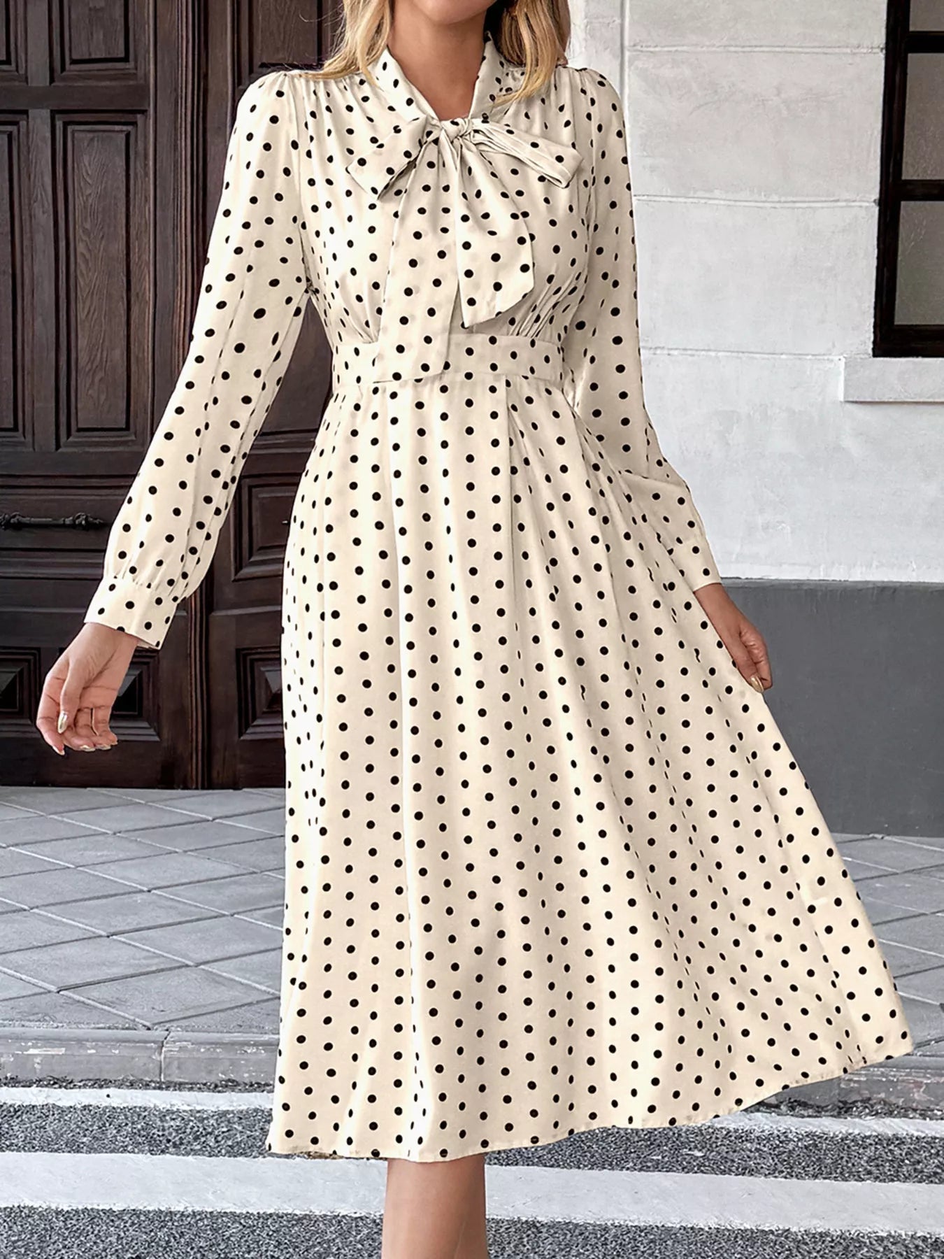 Polka Dot Tie Front Long Sleeve Midi Dress - MAD RUFFI