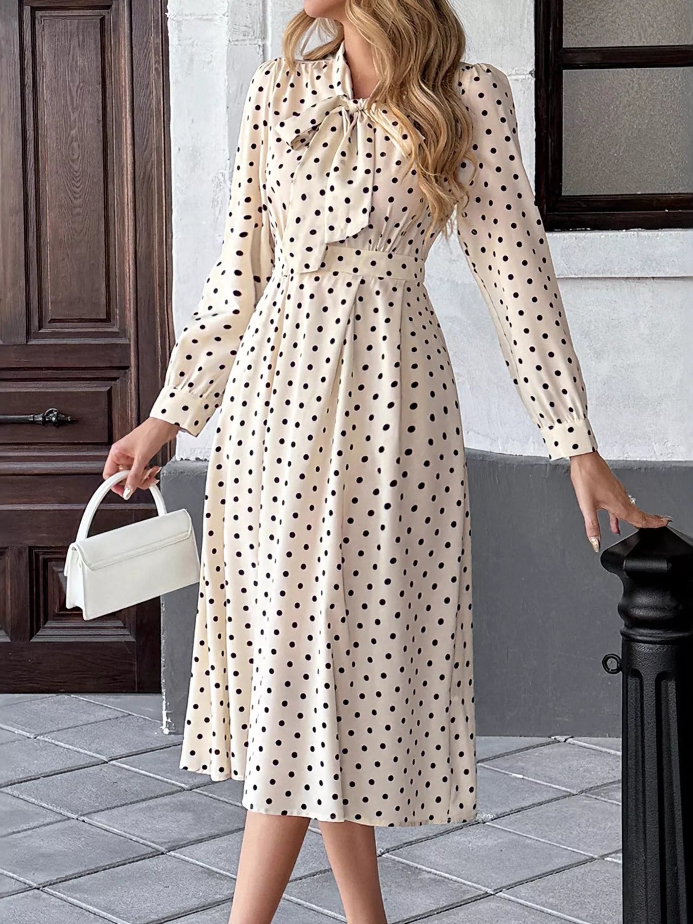Polka Dot Tie Front Long Sleeve Midi Dress - MAD RUFFI