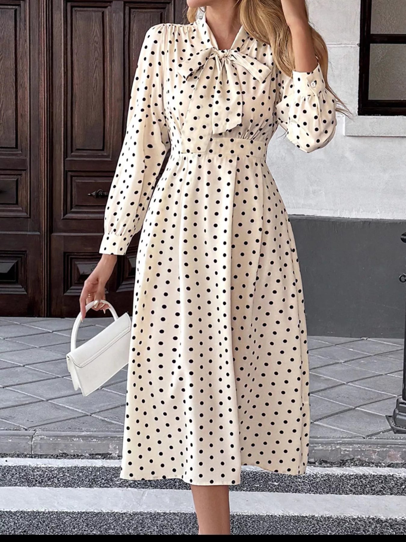 Polka Dot Tie Front Long Sleeve Midi Dress - MAD RUFFI